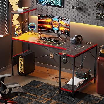 57" L-Shaped Gaming Desk with Power Outlets LED Lights, Black&Red