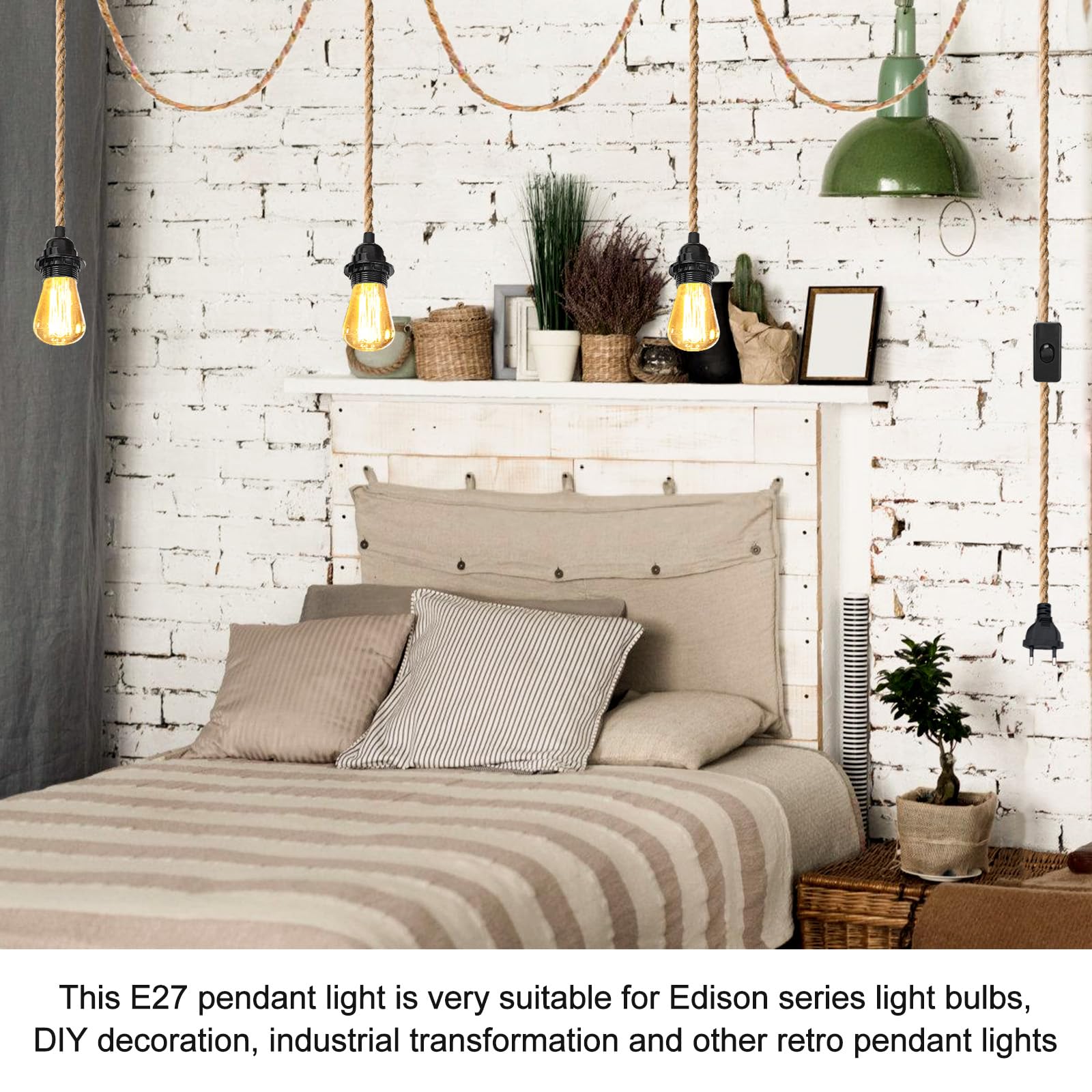 BORDEAG Douille De Lampe E27 6.8m, Suspendue Lustre Corde Douille E27 Interrupteur 3 Douille Fil Electrique Lustre Corde De Ch