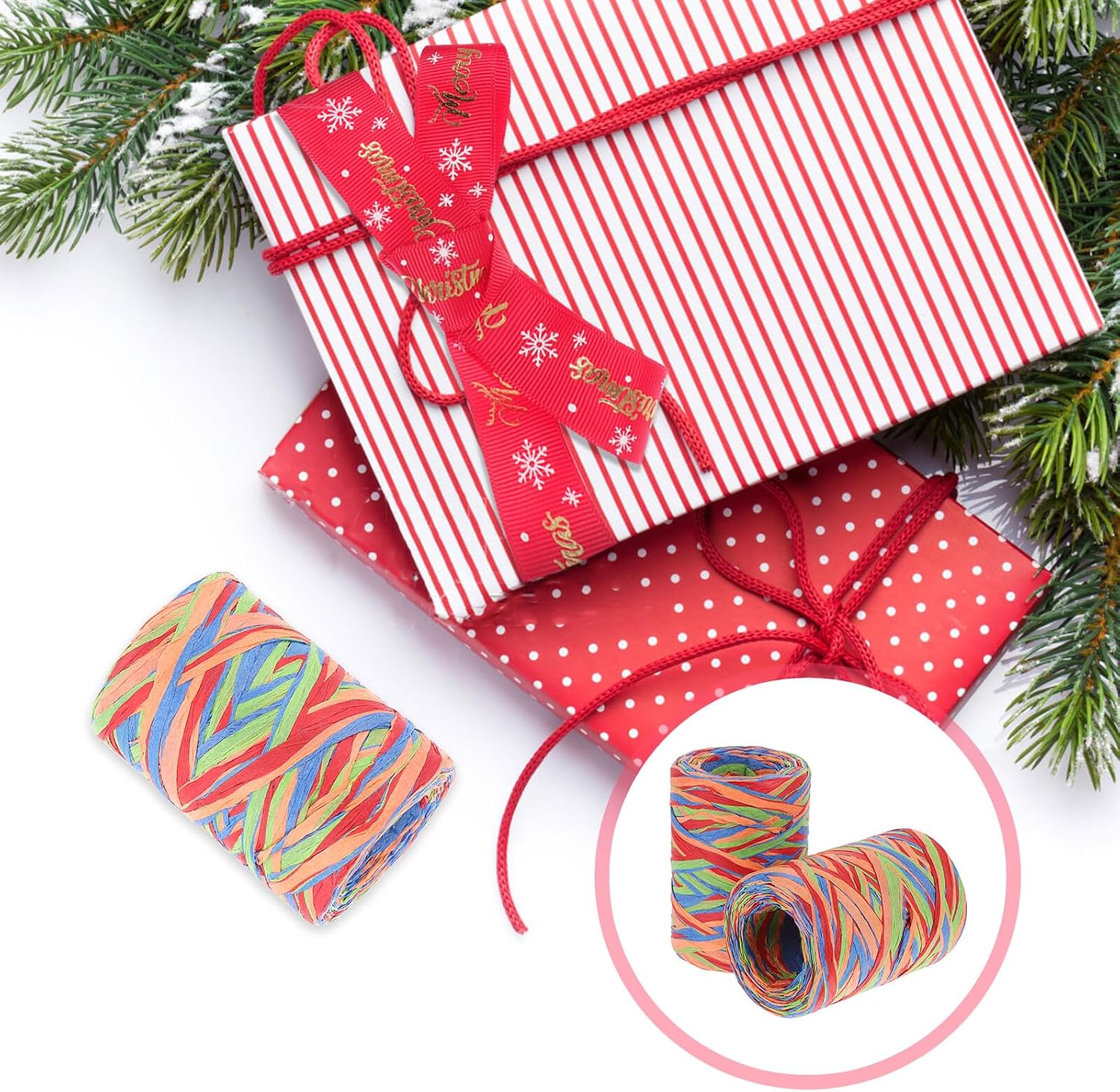 SEWACC 2 Rolls Colored Raffia Paper Rope 80m DIY Wrapping Twine String for Packaging and Christmas Decor, Multi-Color Braided Craft Ribbon for Holiday and Party Decoration