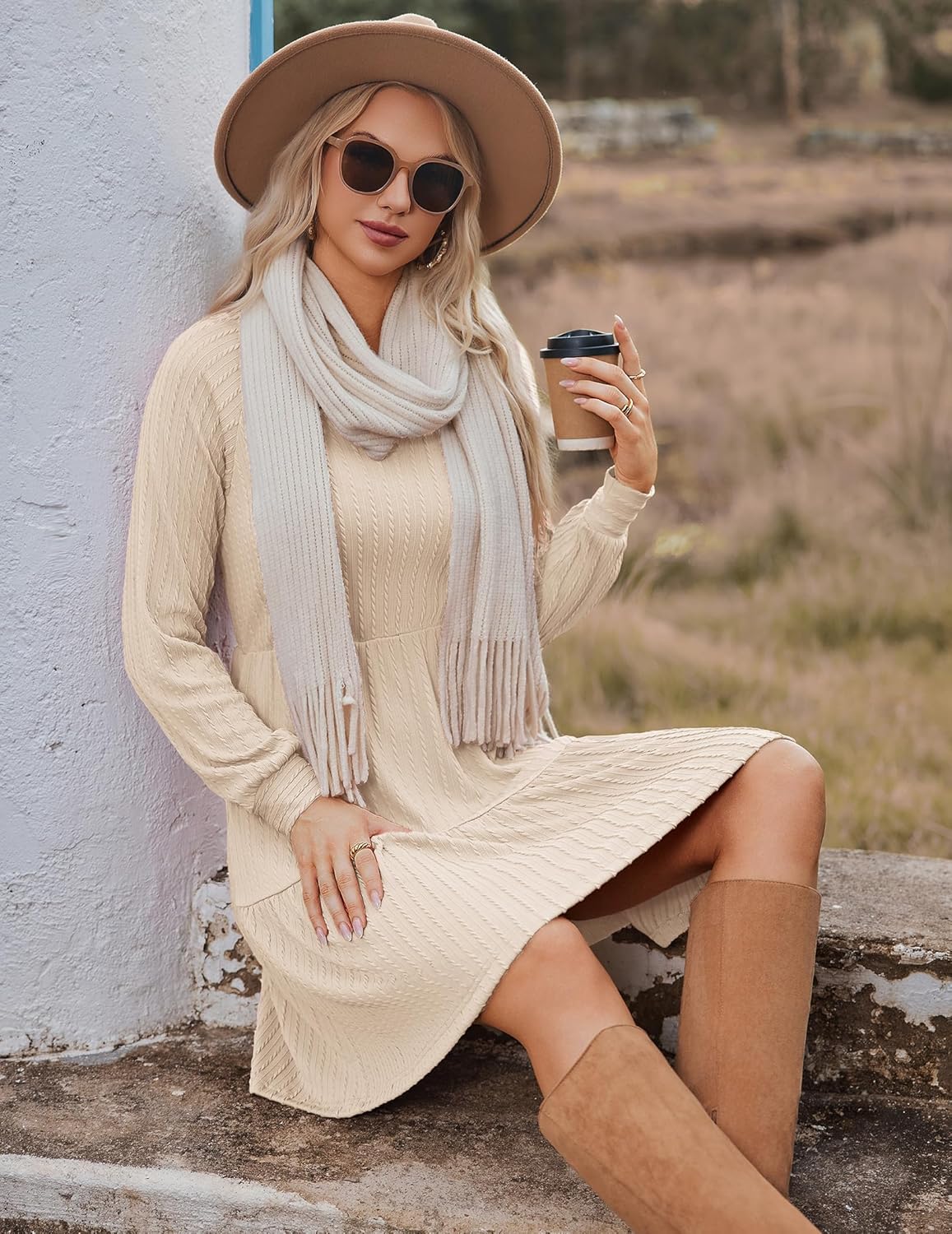 Zeagoo Gebreide jurk dames pulloverjurk V-hals lange mouwen winterjurk A- lijn plissé jurken herfst elegante tuniek jurk met riem S-XXL, wijnrood, XL