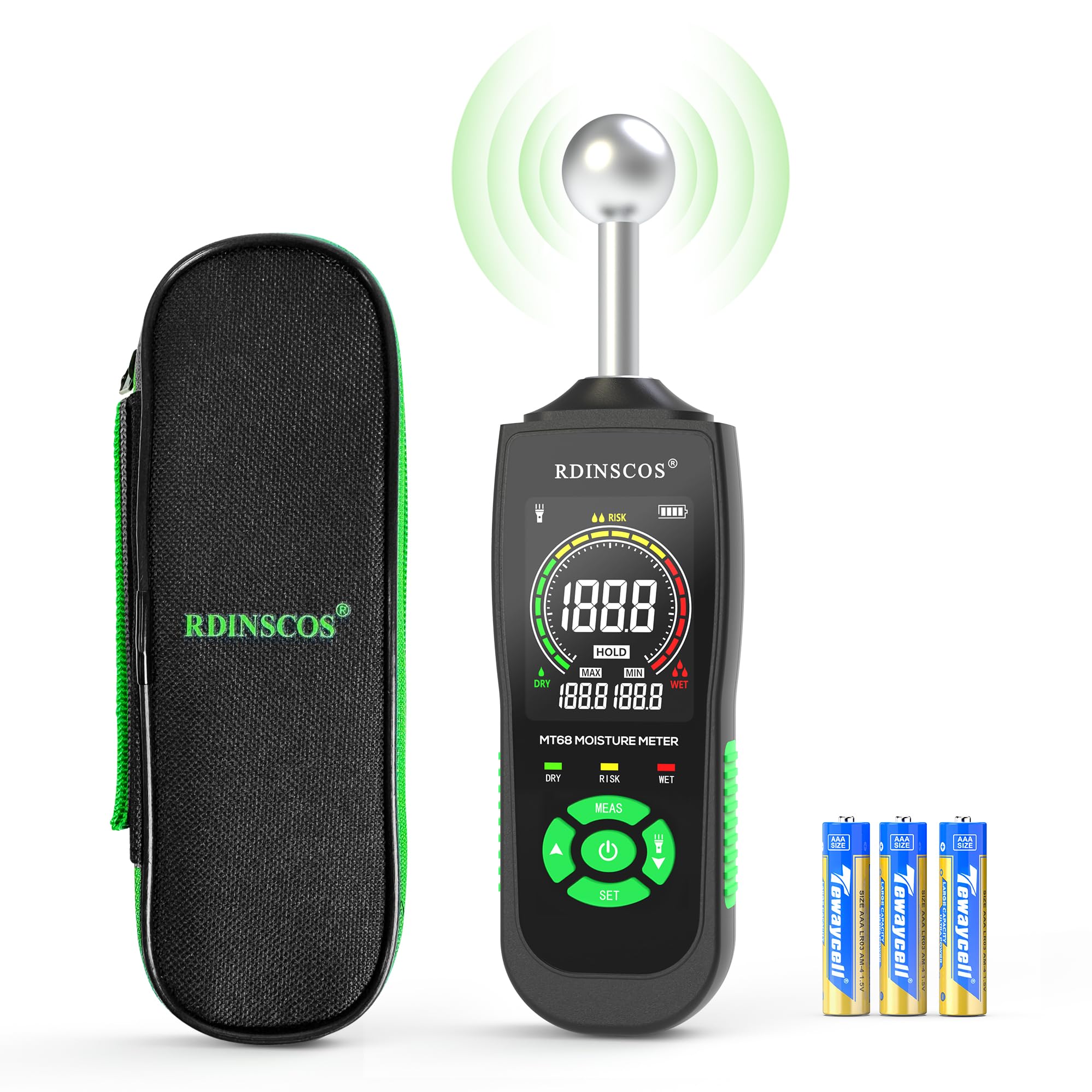 RDINSCOS Feuchtigkeitsmessgerät – Wandfeuchtigkeitsmesser und Holzfeuchtemessgerät, Zerstörungsfreie Messung, Baufeuchtemessgerät für Holz, Wand, Decke, Boden, Wohnmobil
