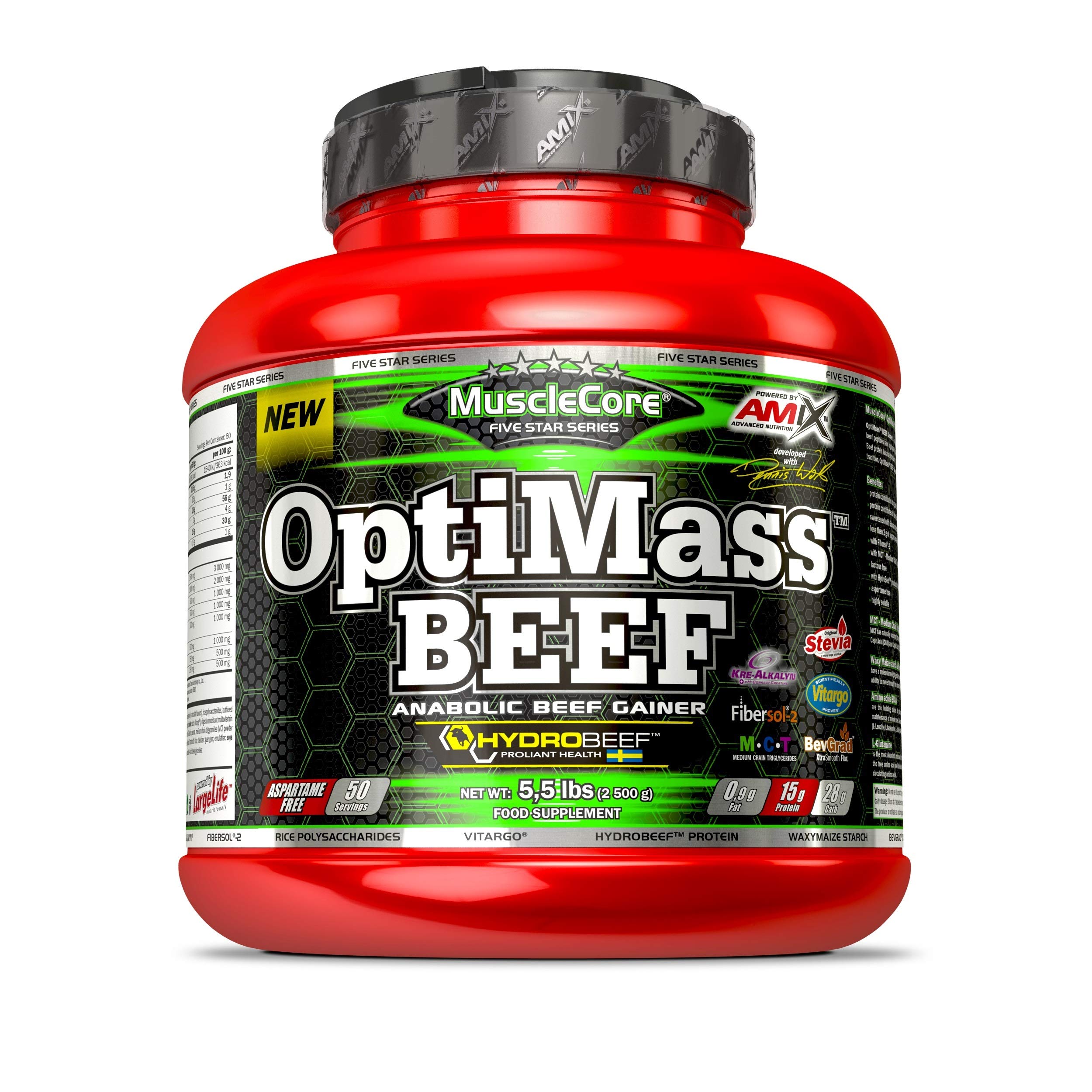 Amix - Complemento Alimenticio en Polvo - Optimass Beef Gainer en 2.5 kg - Carbohidratos de Rápida Absorción - Proteínas de Carne de Vacuno - Sabor Frutas del Bosque