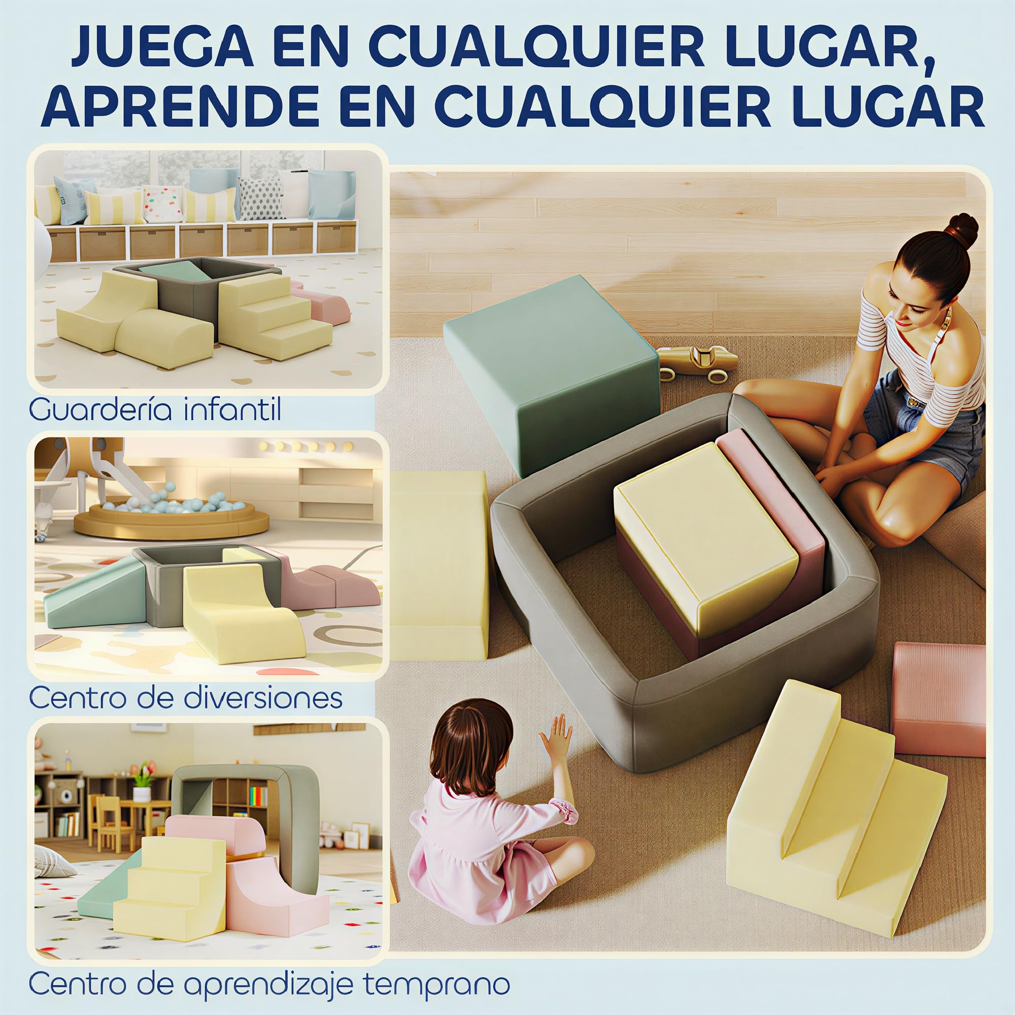 AIYAPLAY Juego de 7 Bloques de Espuma para Niños, Bloques de Psicomotricidad con Fundas de Pana Desmontables, Set de Escalada para Gatear y Escalar en Interior, Multicolor