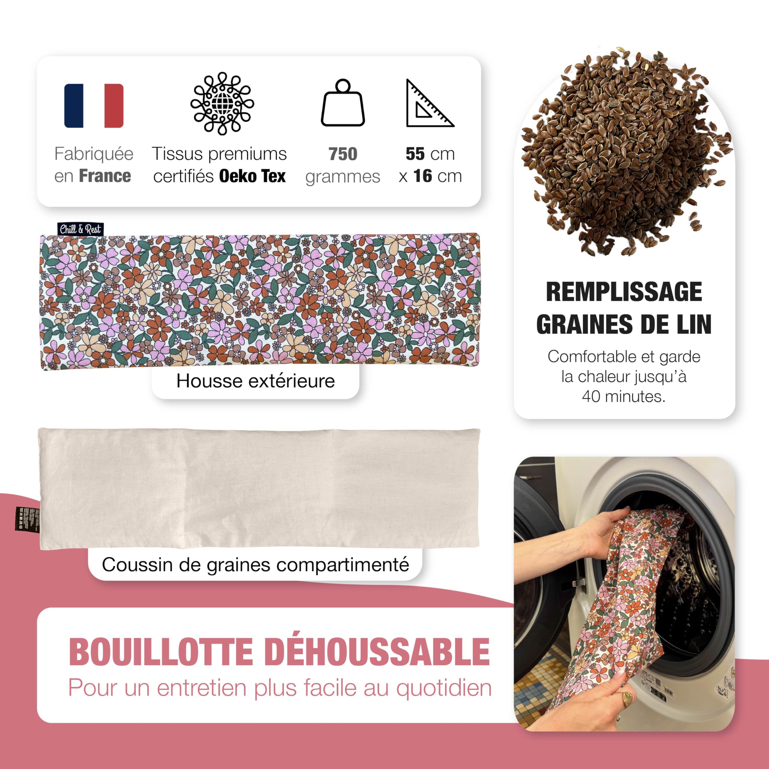 Chill&Rest - Bouillotte longue micro-onde déhoussable - Fabriquée en France - Coussin chauffant cervicales - Bouillotte seche - Ceinture chauffante règle douloureuse - Tour de cou chauffant-La Florale
