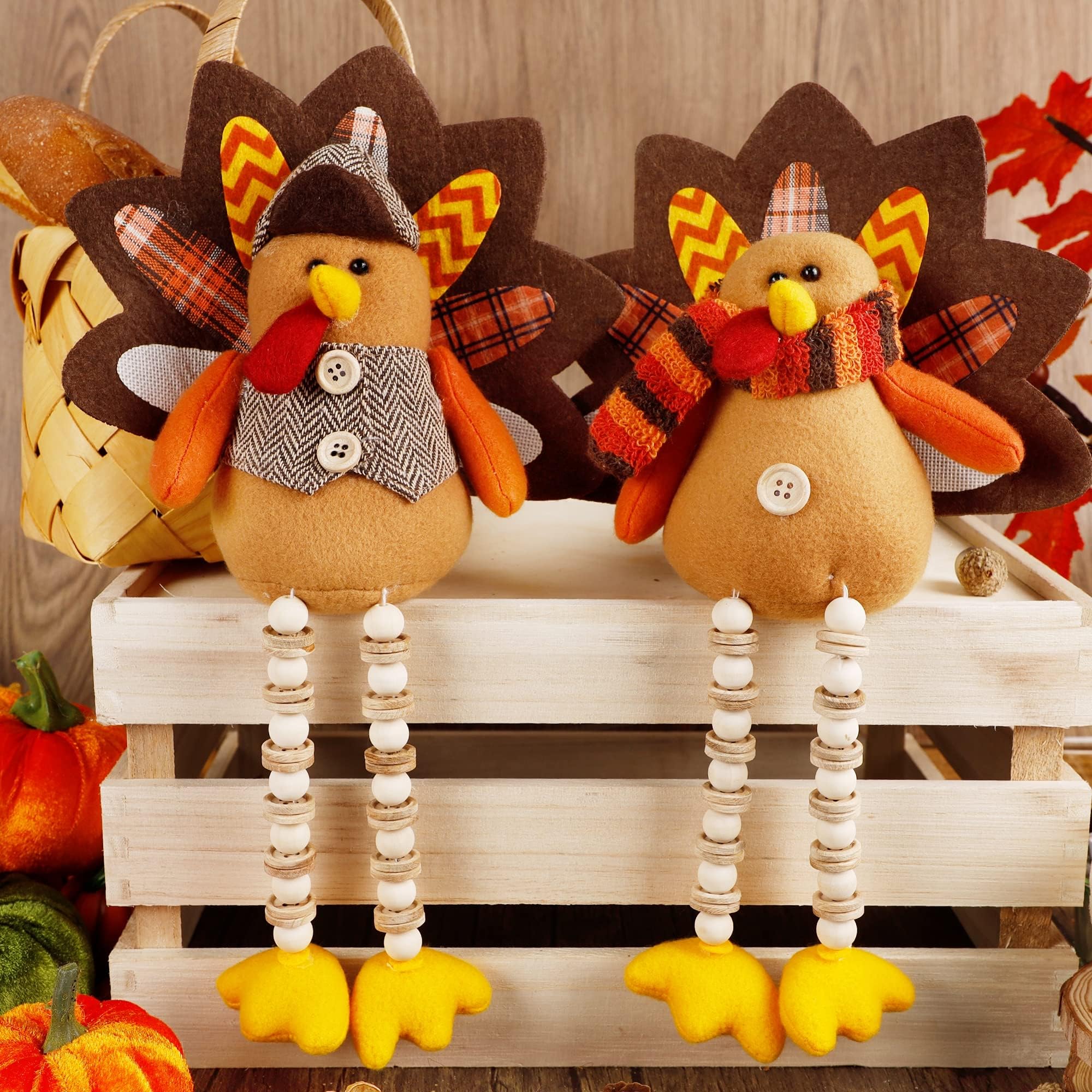 winemana 2 Pack Thanksgiving Turkey Decorations - Stuffed Animal Shelf Sitters with Dangling Legs for Table, Cute Turkeys Figurine Fall Decor for Home, Porch & Indoor Mantel Holiday Decor
