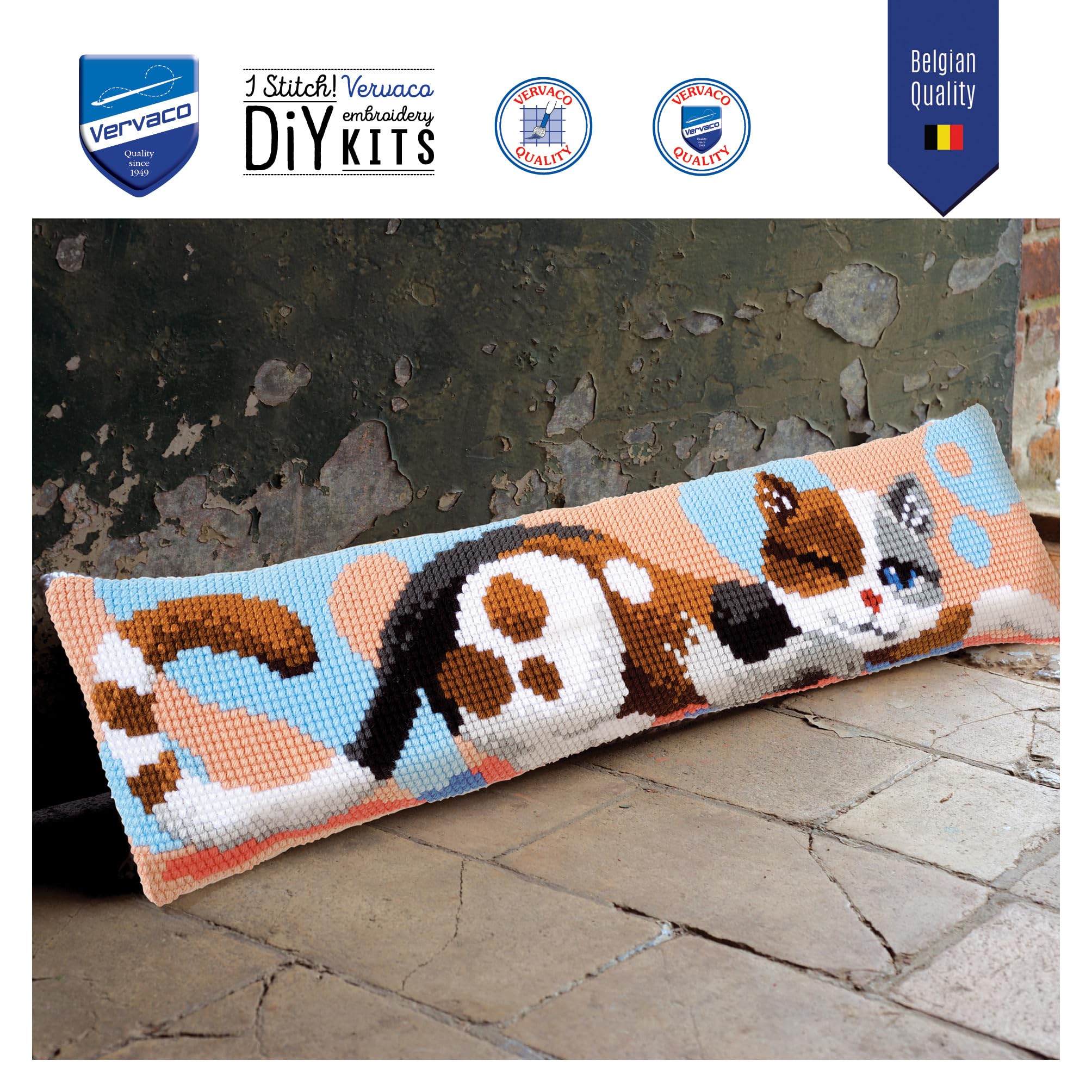 Vervaco Kreuzstich Stickpackungen Dekorative Zugluftstopper Vorgedruckt Kissen Katze DIY Set Kreativ Set Für Erwachsene ca. 80 x 20 cm Bastelset Handwerker Haus Dekoration