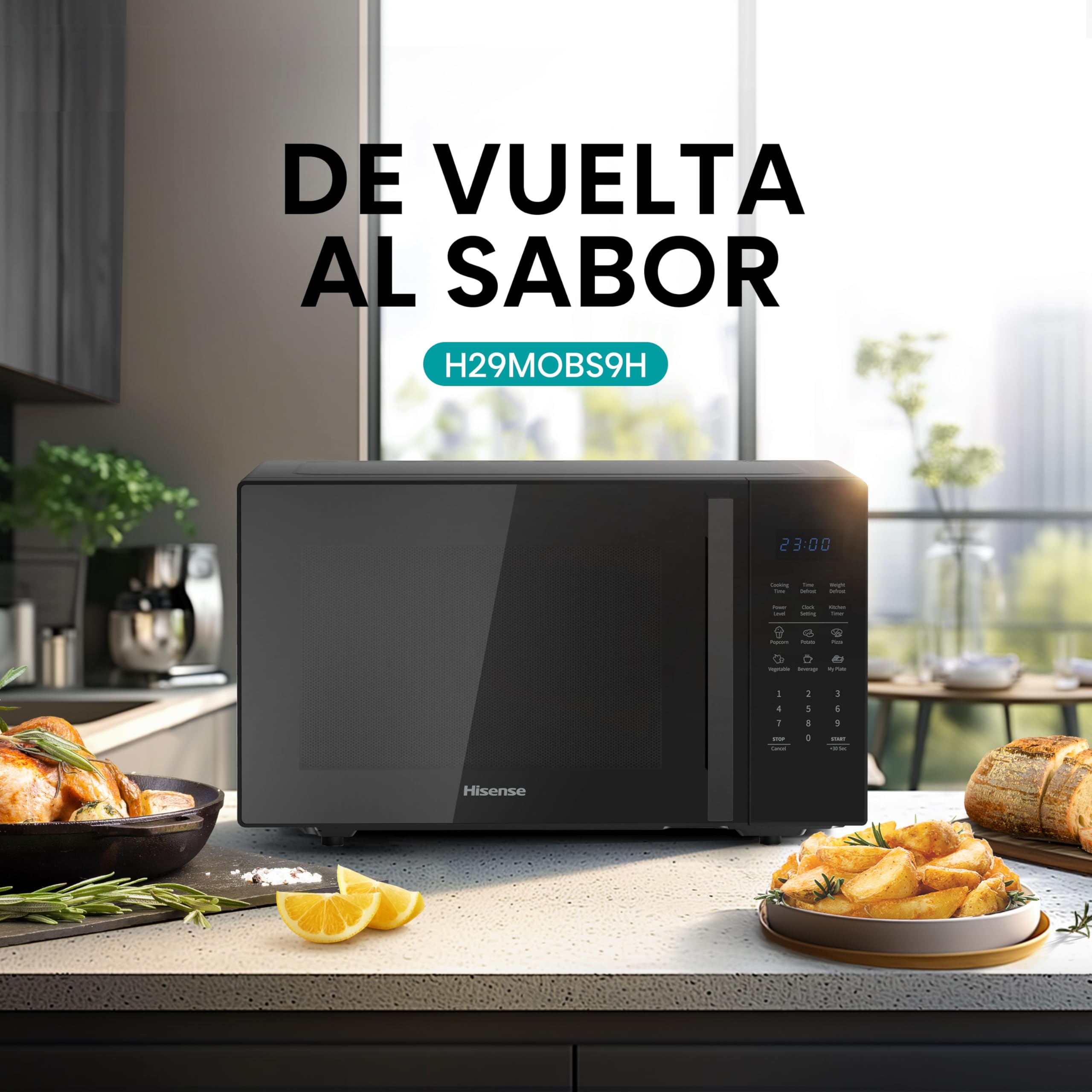 Hisense H29MOBS9H - Microondas Digital 29L, 900W, Revestimiento Cerámico, Cristal Premium, 10 Niveles de Potencia, Cocción Multifase, Función Descongelación, Fácil Limpieza, Negro