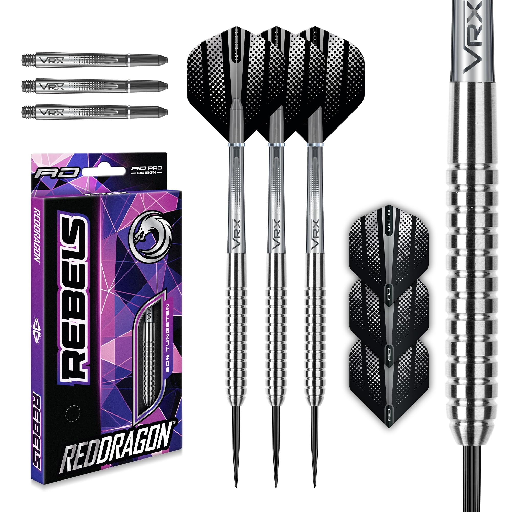 RED DRAGON Rebel 24g - Custom Professional Tungsten Steel Tip Darts Set including Flights and Stems, Black