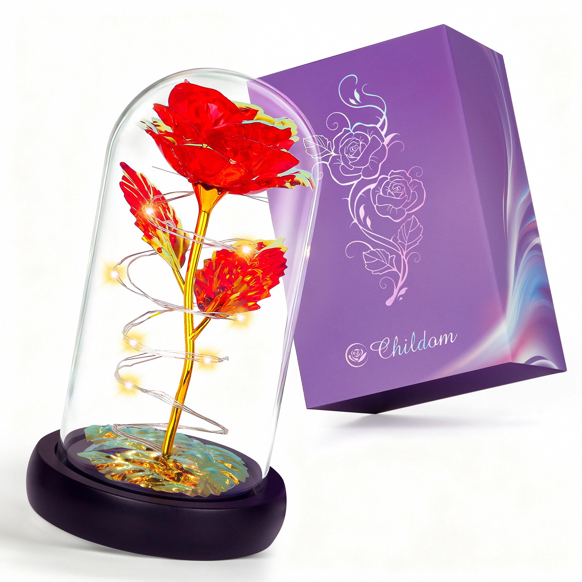 Childom Valentines Gifts for Her,Birthday Gifts for Women,Valentines Day Flowers Gifts for Mom,Women,Her,Wife,Grandma,Light Up Rose in Glass Dome,Colorful Red Mothers Day Flowers for Delivery