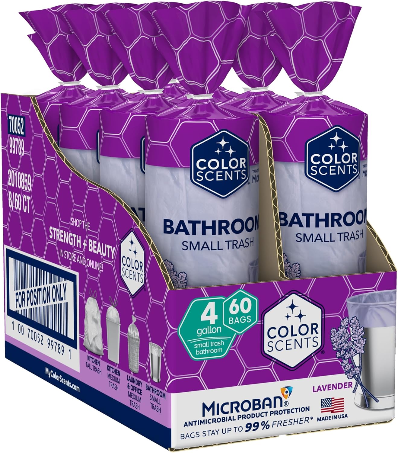 Color Scents Small Trash Bags - 4 Gallon, 480 Total Bags (8 Packs of 60 Count), Twist Tie - Lavender bag in Lavender Scent with Microban