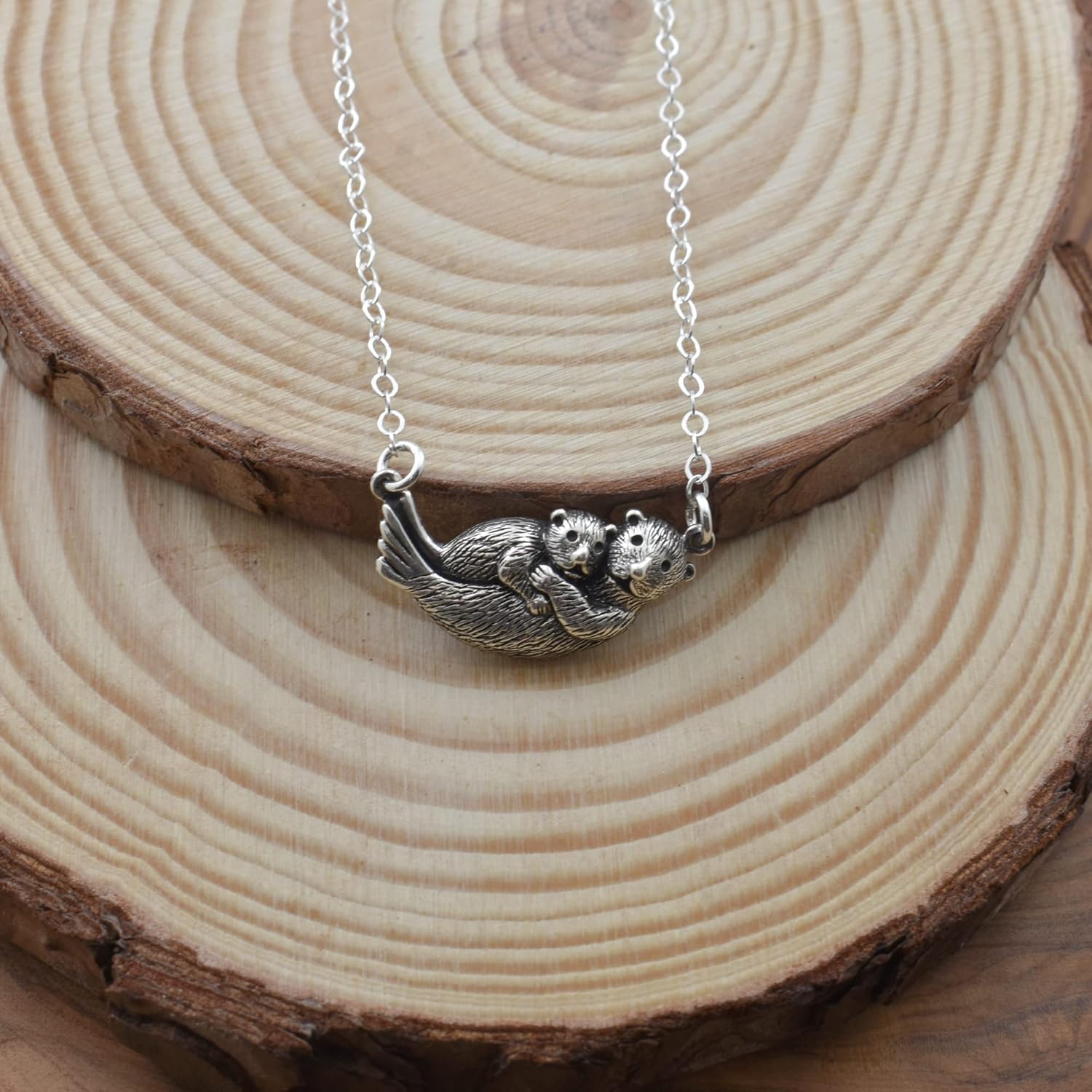 Mom and Baby Otter Necklace In Sterling Silver | 18" Cable Chain | Gift for Mom | Gift for Mothers Day |