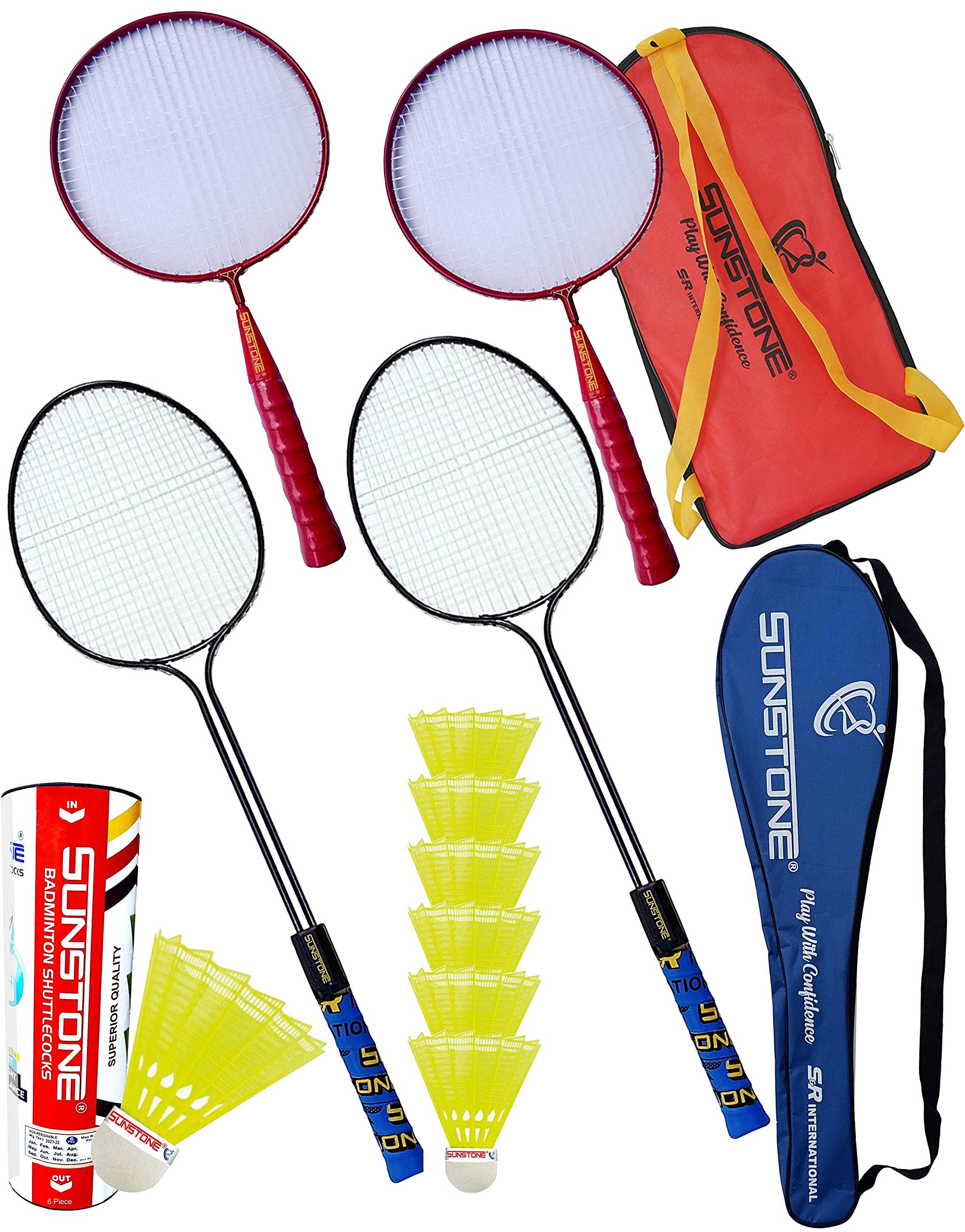 SUNSTONE 77xz Badminton Racquets 4 Piece Set 6 Nylon Shuttlecocks for Kids & Young Combo