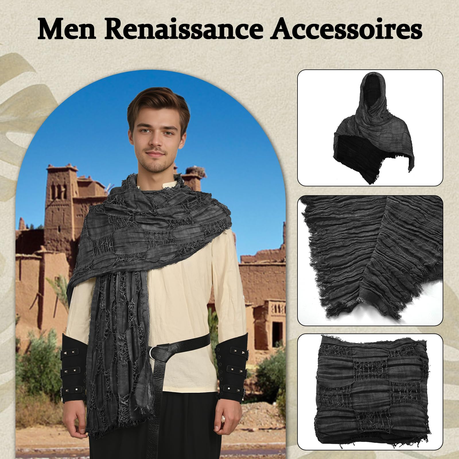 3PCS Medieval Knight Accessories Set - Renaissance Viking Style Cloak Scarf, Leather Belt, Buckle Straps, Black - Image 2
