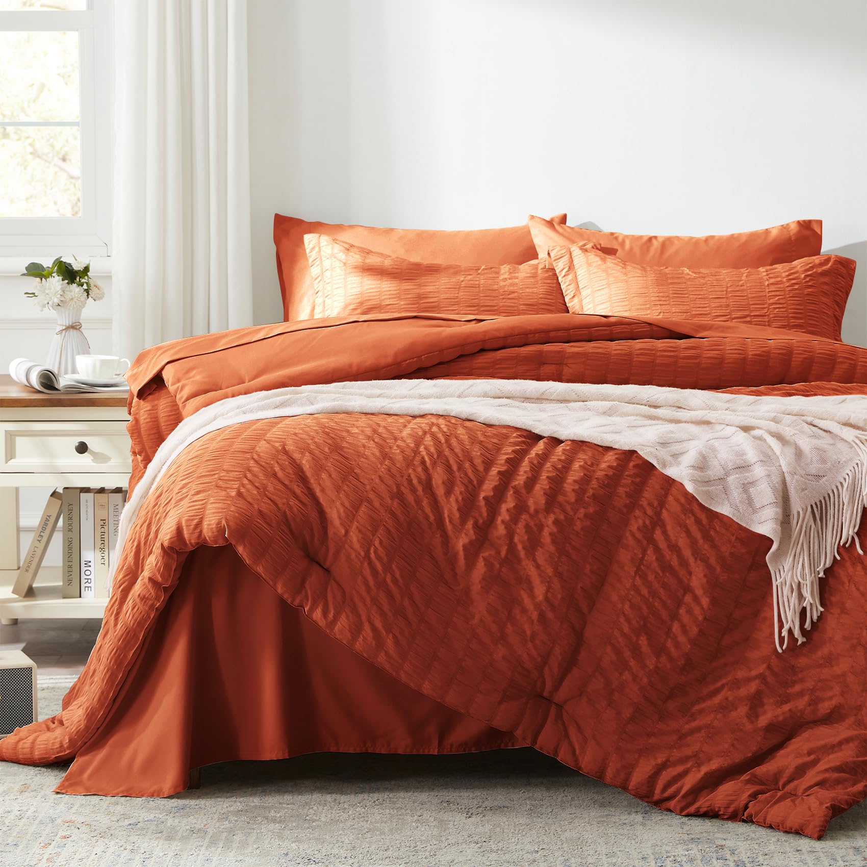 King Comforter Set 7 Pieces, Burnt Orange Seersucker Bed in a Bag with Sheets, Lightweight Bedding Sets with 1 Comforter, 2 Pillow Shams, 2 Pillowcases, 1 Flat Sheet, 1 Fitted Sheet