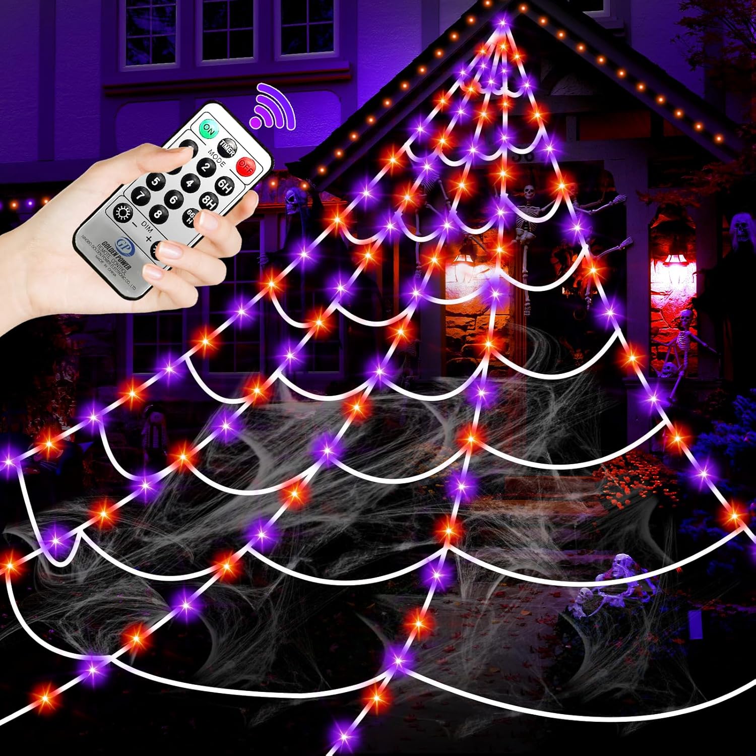 Halloween Decorations Outdoor Spider Web Lights, 16.4Ft 220 LED Lighted Spider Web Light up with 8 Modes Waterproof Timer for Yard House Halloween Outdoor Decor Purple Orange Spiderweb Purple & Orange
