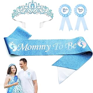 4pcs Mommy to Be Sash Set, Mommy to Be Crown and Sash with Corsage for Pregnant Mommy and Daddy Mom to Be Baby Shower Decoration (Blue)