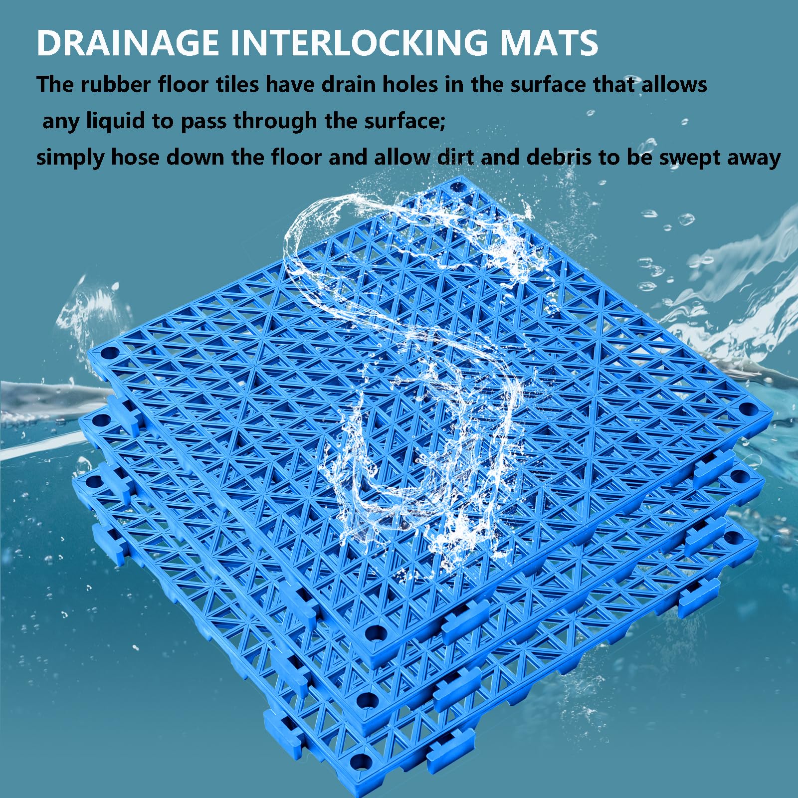 Lot de 8 dalles de sol emboîtables pour drainage de piscine, tapis de sol en PVC souple avec trous pour douche, sous-sol, garage, abri de jardin - Bleu