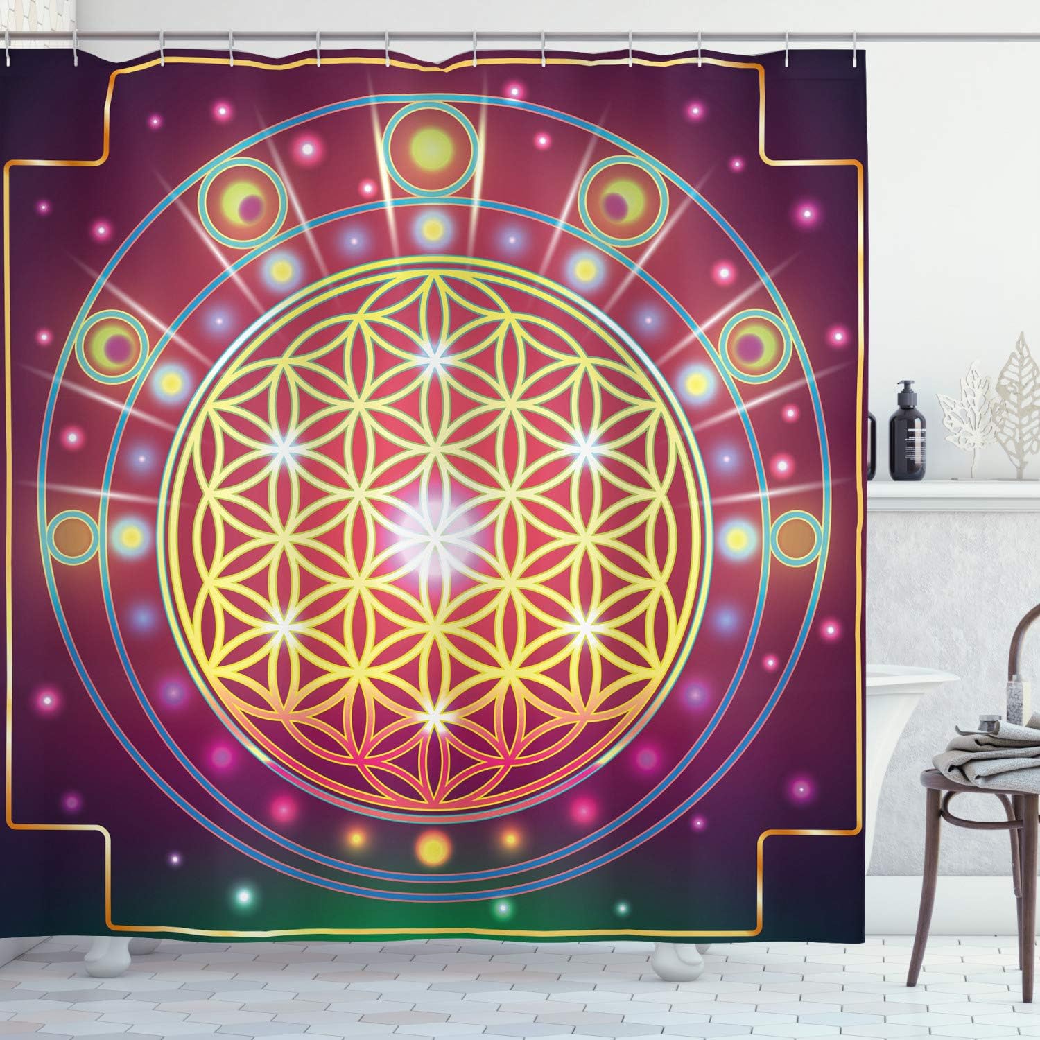 Ambesonne Geometry Shower Curtain, Symbolic Abstract Shapes Mathematics and Digital Print, Cloth Fabric Bathroom Decor Set with Hooks, 69" W x 84" L, Multicolor Plum Yellow Green