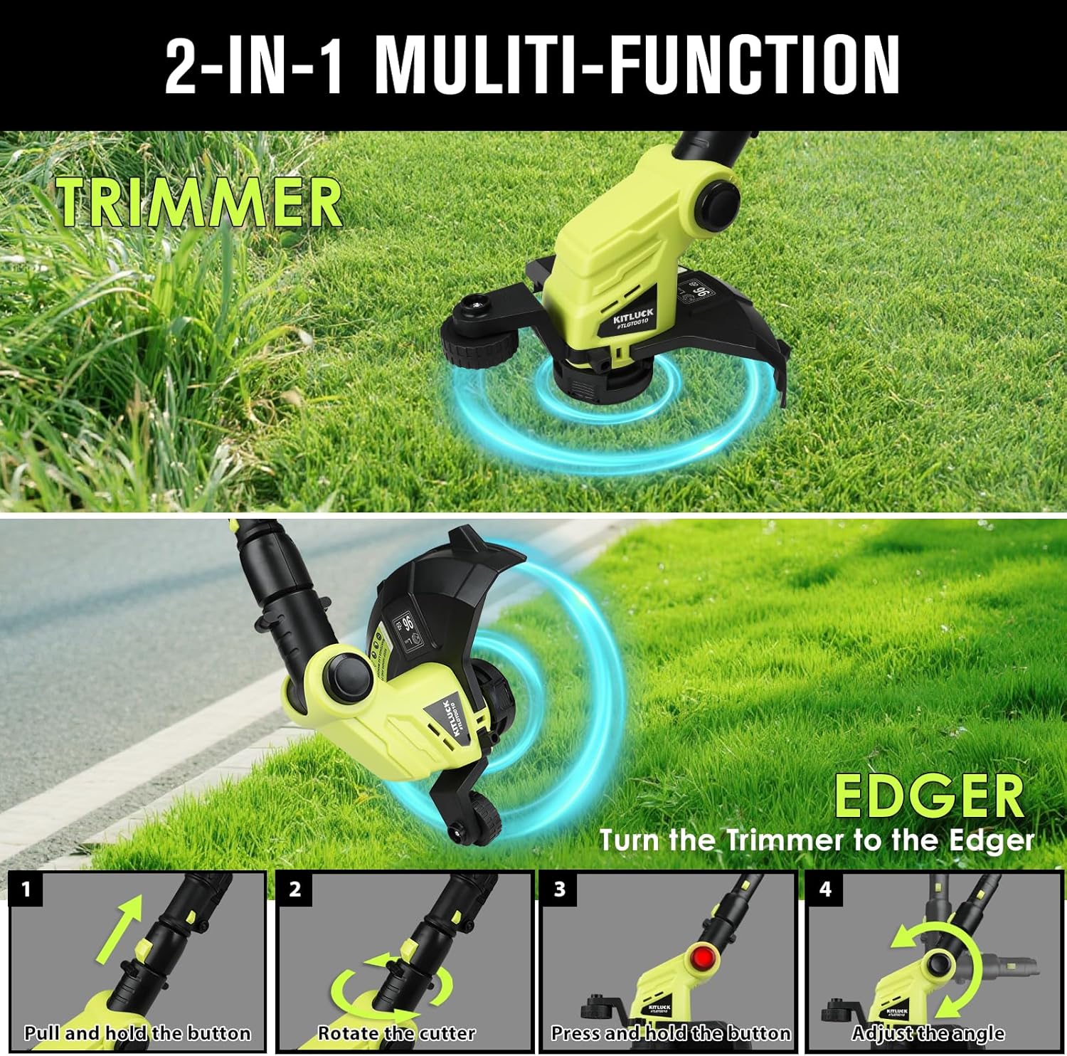 KITLUCK 20V Cordless Grass Trimmer, Electric Lawn Mower Weed Cutter with Auto Line Feed, 12-inch String Trimmer Edger Lawn Tool with 4 PCS Spool Line and 2.0Ah Battery for Lawn Care, Yard, Garden - Image 2