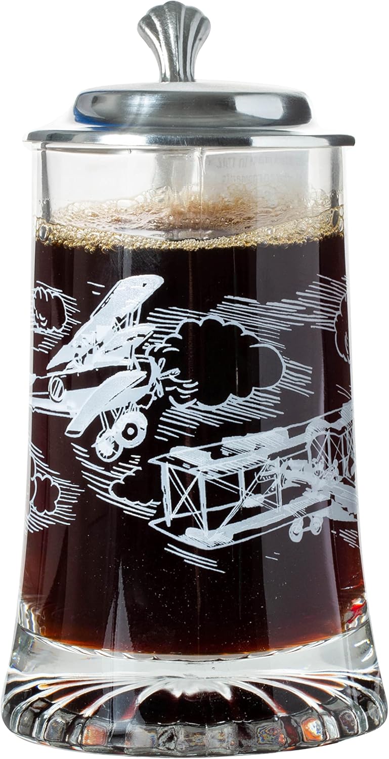 Artisan Owl Glass Aviator Biplane Etched Design Beer Stein with Metal Lid and Thumb Lift