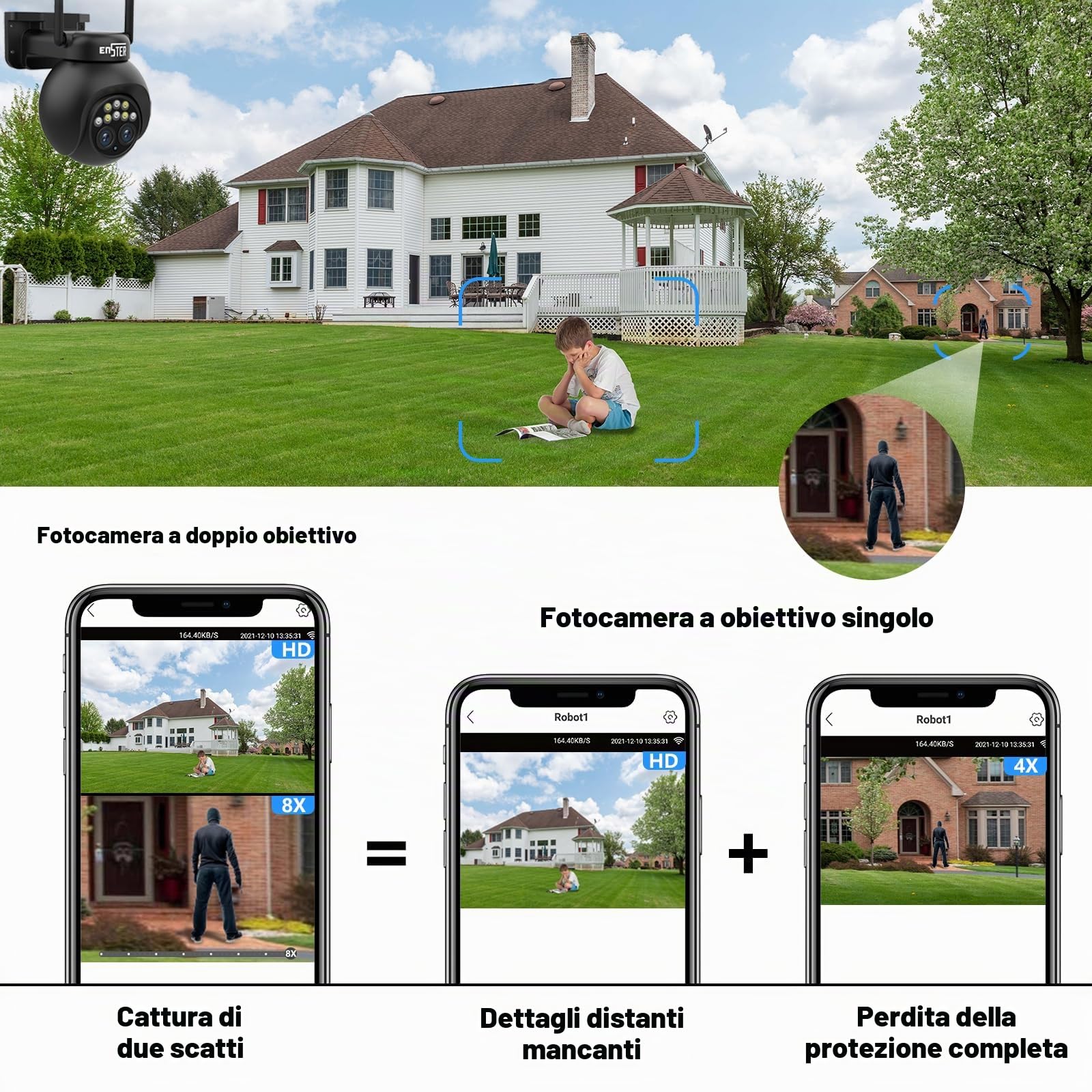 ENSTER PTZ Telecamera Wi-Fi Esterno con Doppio Obiettivo, 8X Zoom Híbrido,Visione Notturna a Colori,Audio Bidirezionale