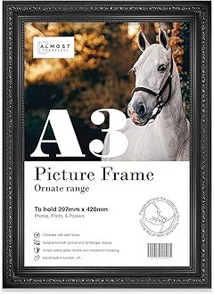 A3 Black Ornate Picture Frame Fits A3 (29.7 x 42cm - 11.7 x 16.5in) Poster, Photo, Artwork, or Print. Baroque Style Portrait and Landscape Display with Wall Hooks