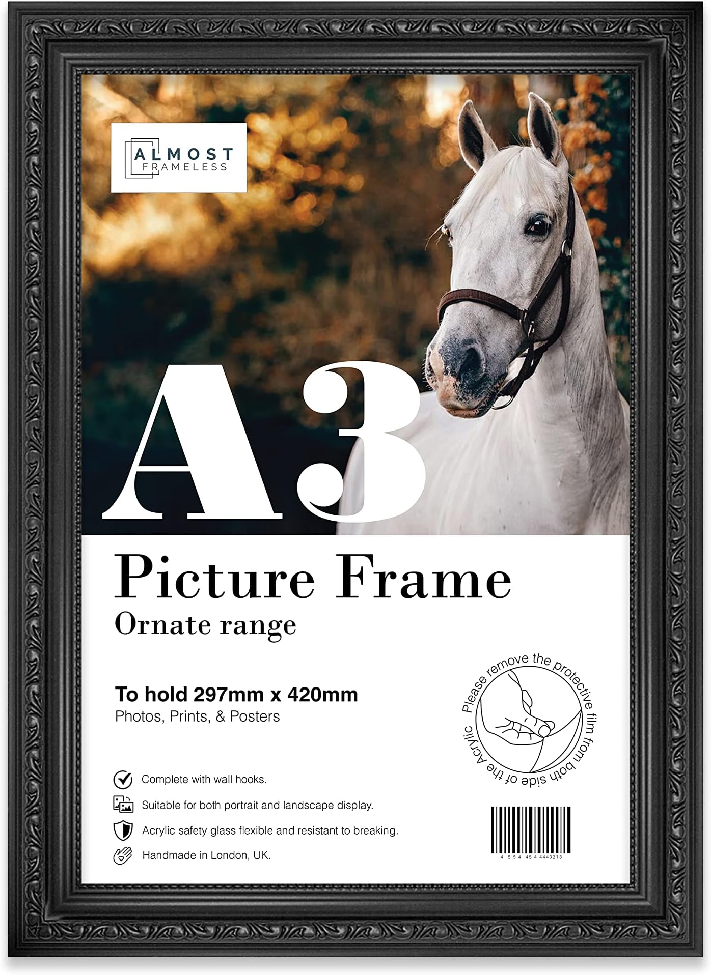 Almost Frameless A3 Black Ornate Picture Frame Fits A3 (29.7 x 42cm - 11.7 x 16.5in) Poster, Photo, Artwork, or Print. Baroque Style Portrait and Landscape Display with Wall Hooks