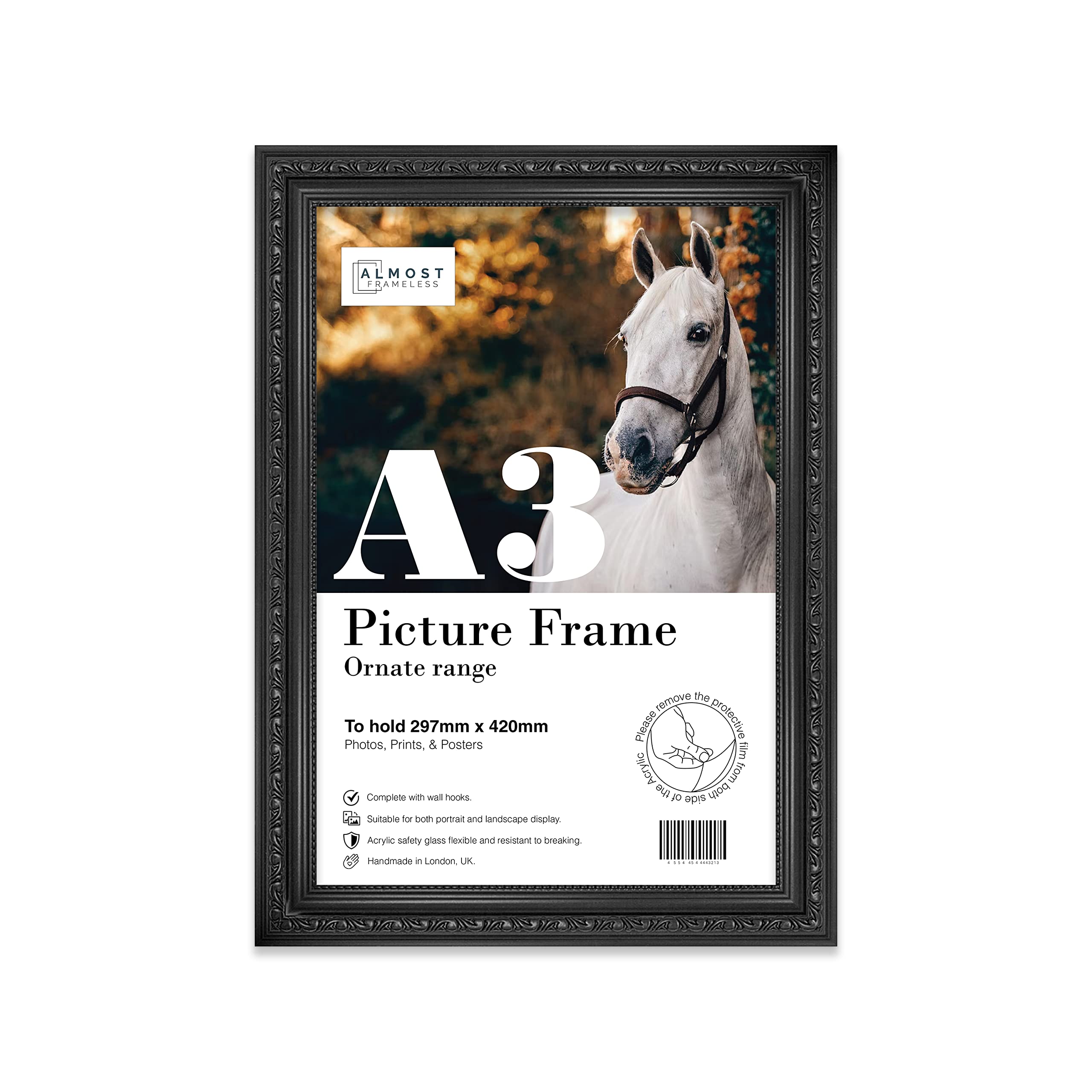 A3 Black Ornate Picture Frame Fits A3 (29.7 x 42cm - 11.7 x 16.5in) Poster, Photo, Artwork, or Print. Baroque Style Portrait and Landscape Display with Wall Hooks