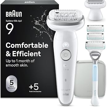 Braun Silk- pil 9 Womens Epilator Hair Remover for Long-Lasting Hair Removal Ladyshaver Wet and Dry Use - Includes Razor Attachment and Trimmer Attachment - 9-141 White/Silver