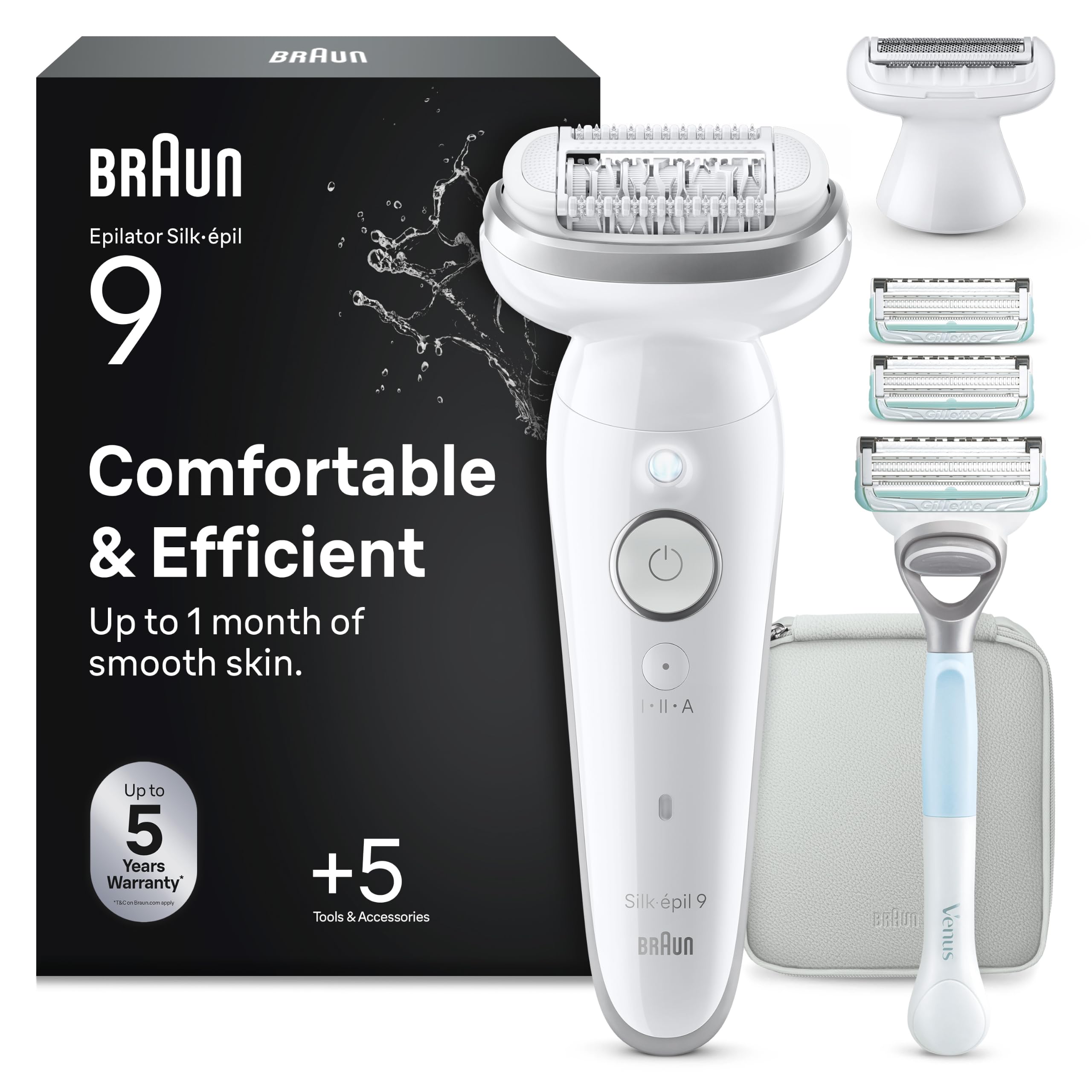 Braun Epilateur Electrique Femme Silk Epil 9, 9-141, Blanc et Argent – Etanche, sans Fil, Tête Pivotante, Coffret d’Epilation avec Sabot Tondeuse, Embout de Rasoir, Manche et Cartouche Gillette Venus