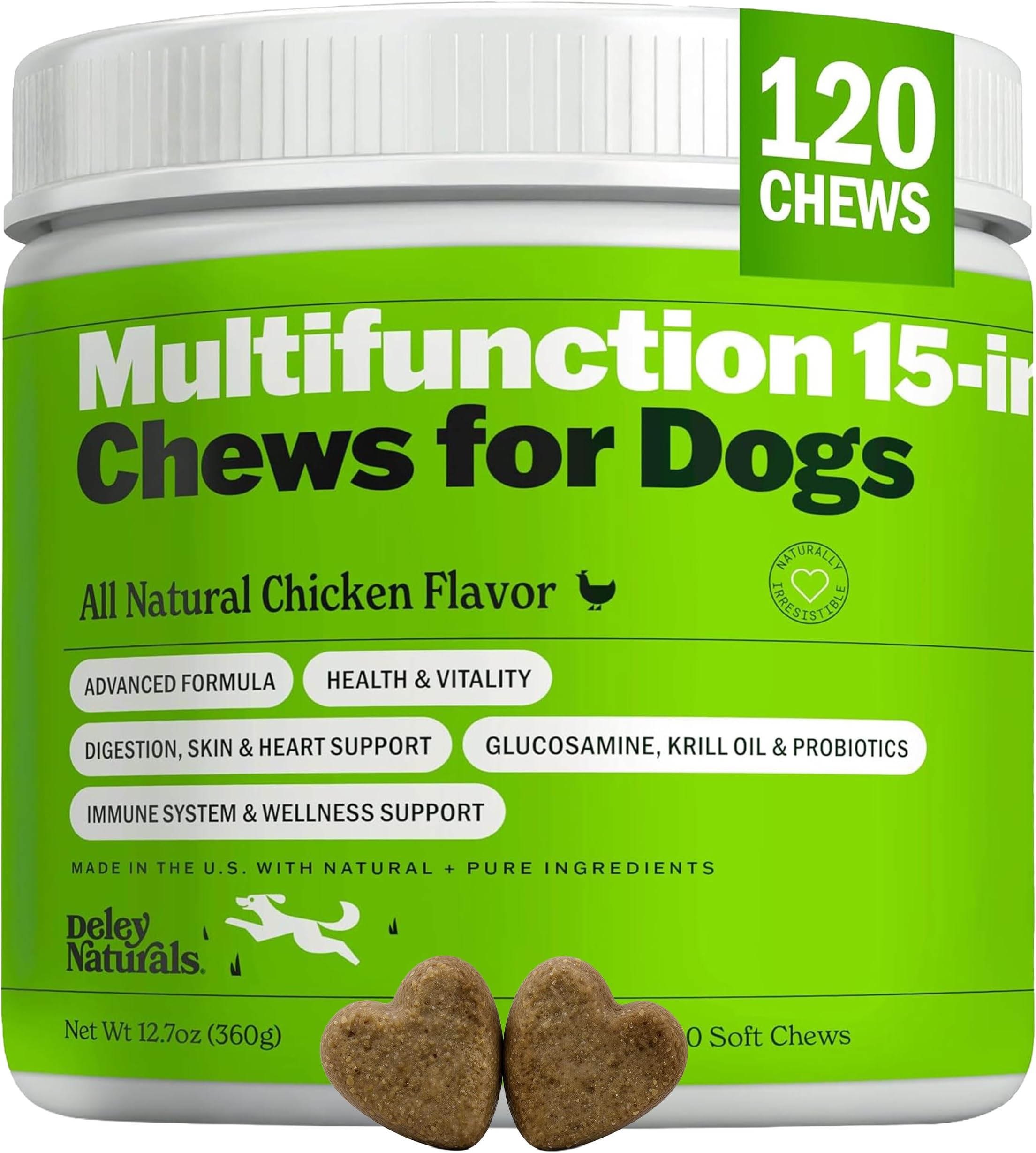 Deley Naturals 15 in 1 Multivitamin for Dogs - Complete Dog Vitamins and Supplements for Immune Support, Joint, Skin, Digestion, Heart & Overall Health - Daily Multifunction Supplements - 120 Chews