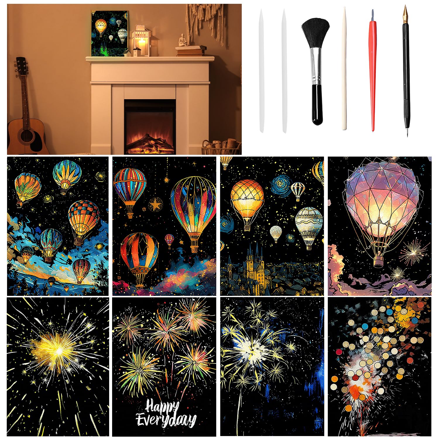 VLYX Scratch Art for Adults and Kids - 8-Piece Rainbow Scratch Notes Kit with Scratching Tools, Creative Art Supplies Children & AdultsHot Air Balloons & Fireworks