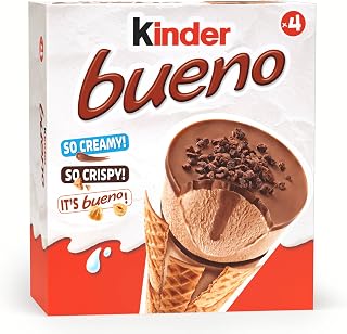 Kinder Bueno Gelato Classic - 4 Coni di Cremoso Gelato alla Nocciola Ricoperto da un Disco Croccante alla Nocciola e Pepite di Cacao