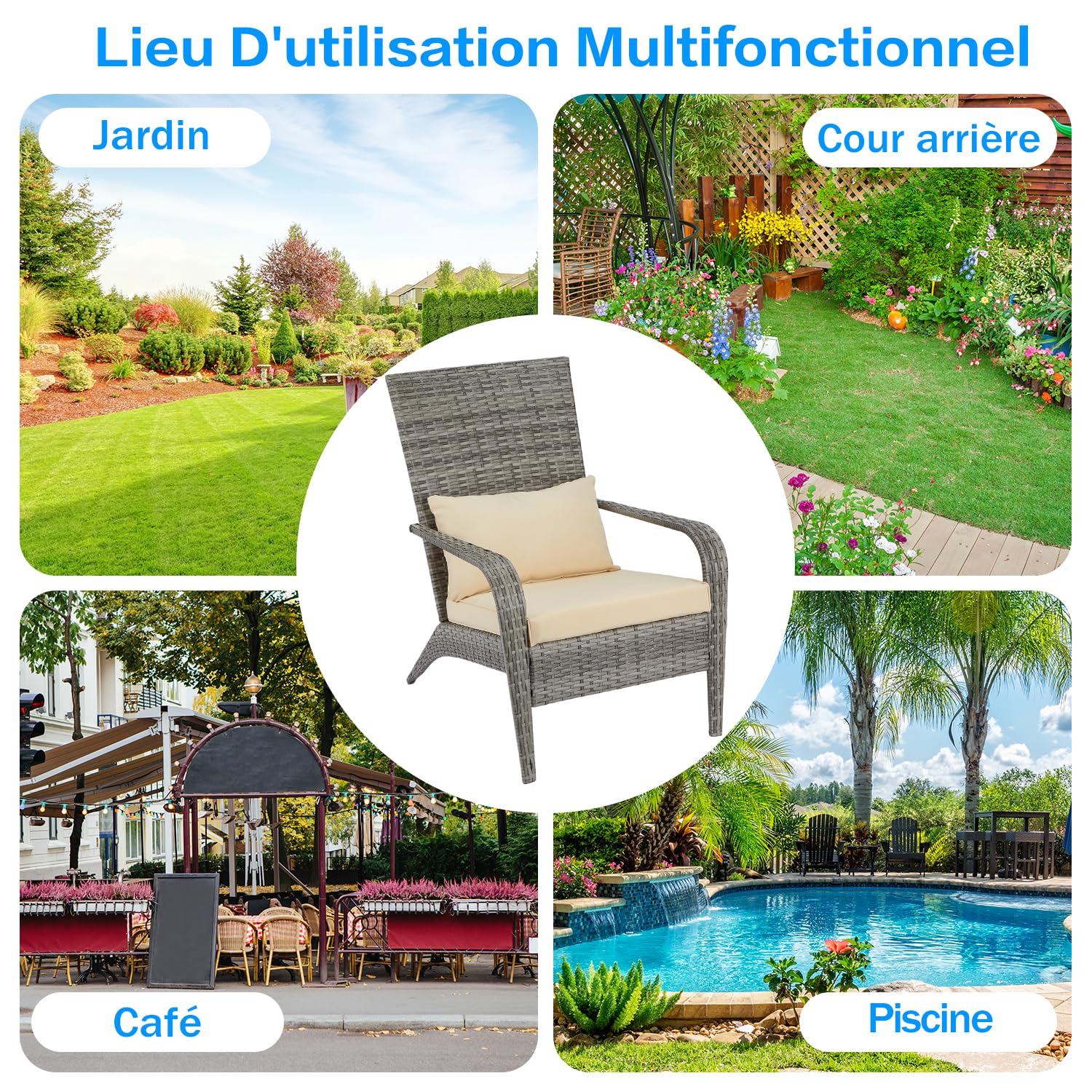 YODOLLA Ensemble de 2 Fauteuils de Jardin Exterieur Adirondack en PE Rotin - Chaises de Jardin Confortables avec Coussins Détachables - Mobilier d'Extérieur pour Terrasse, Balcon et Piscine - Gris