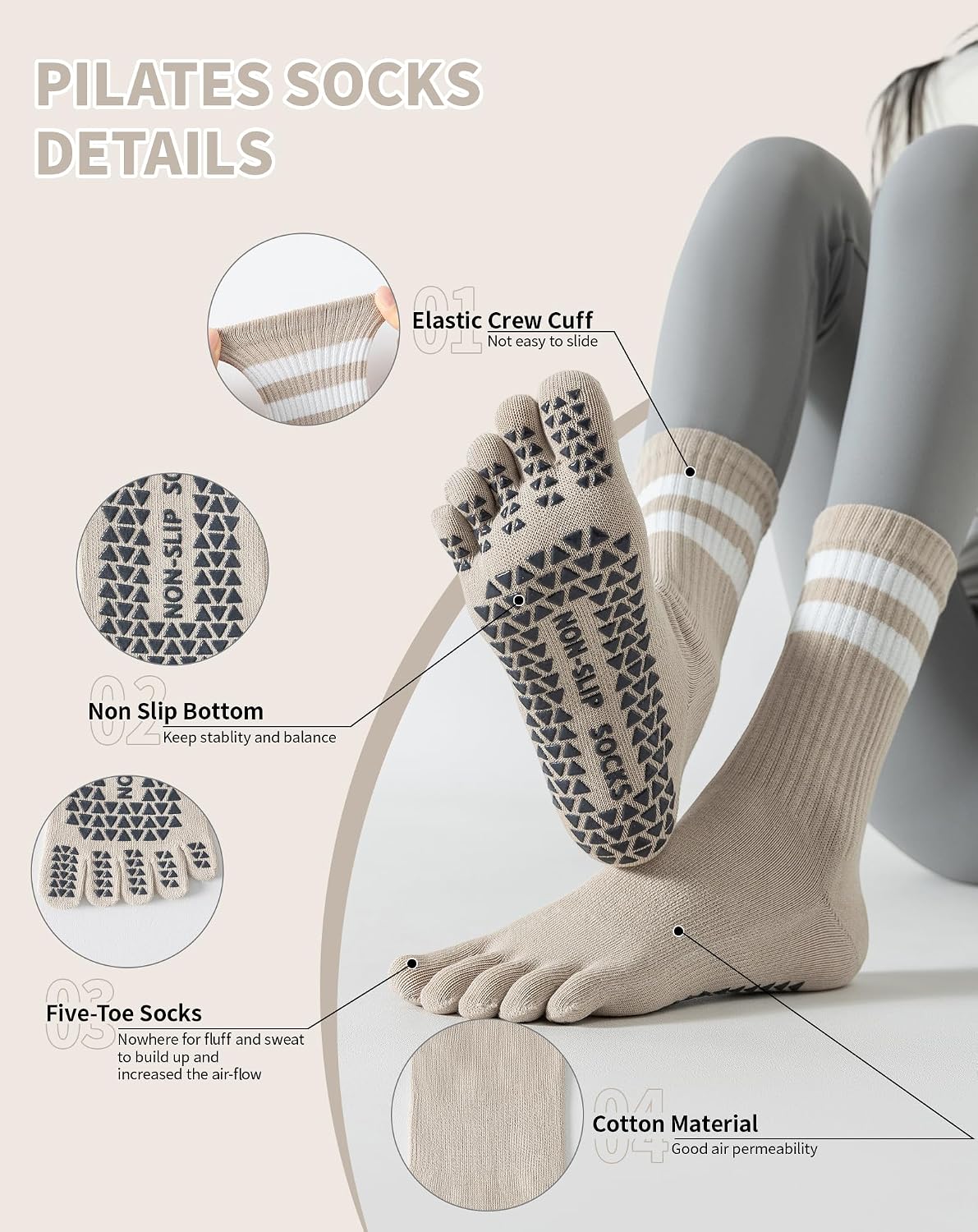 Yawlsow Toe Pilates Socks with Grips for Women Yoga Non Slip Grippy Striped Socks for Barre Workout Hospital Home