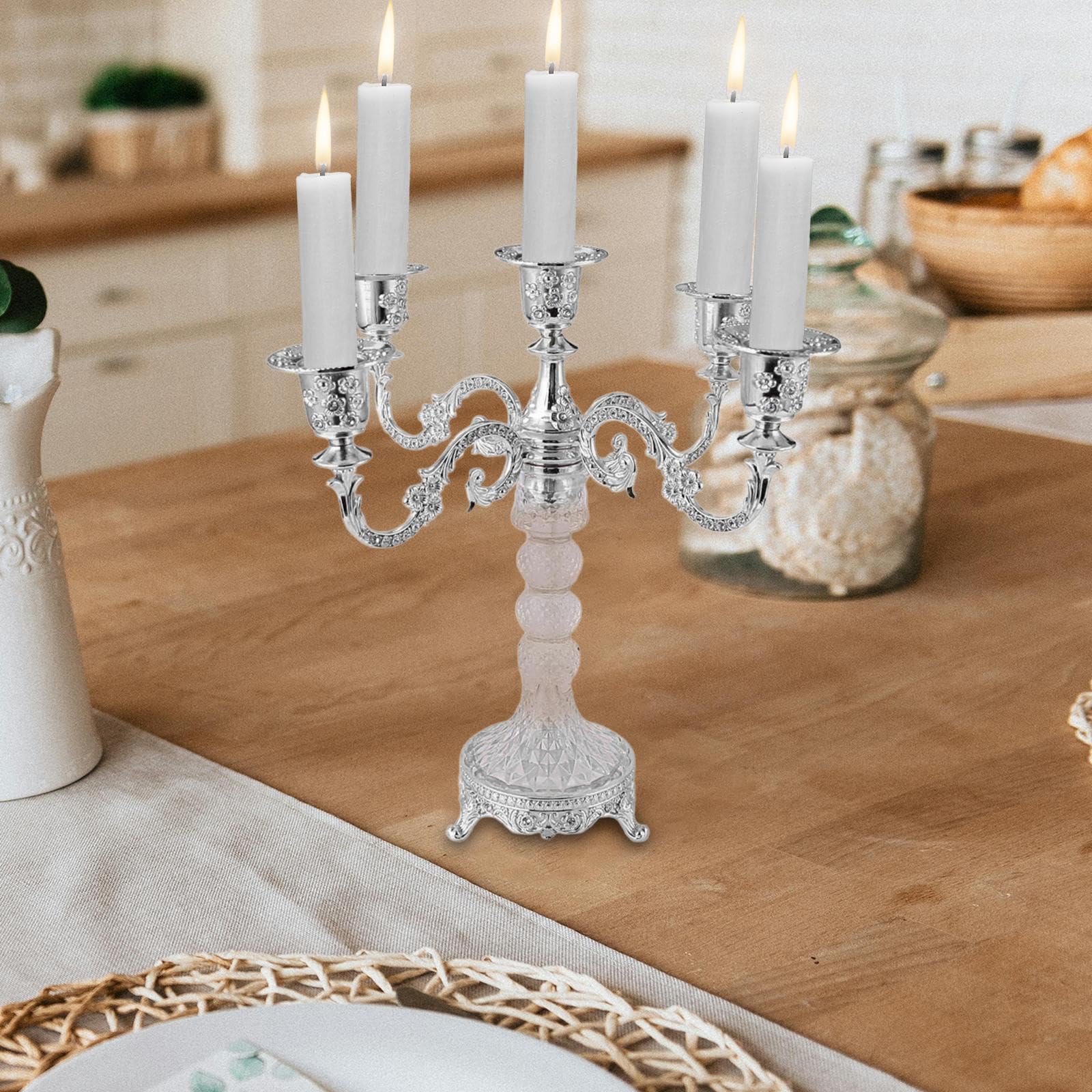 Candelabro cónico de Cinco Brazos, Ideal para Interiores como Bodas y cenas, Plata, Individual