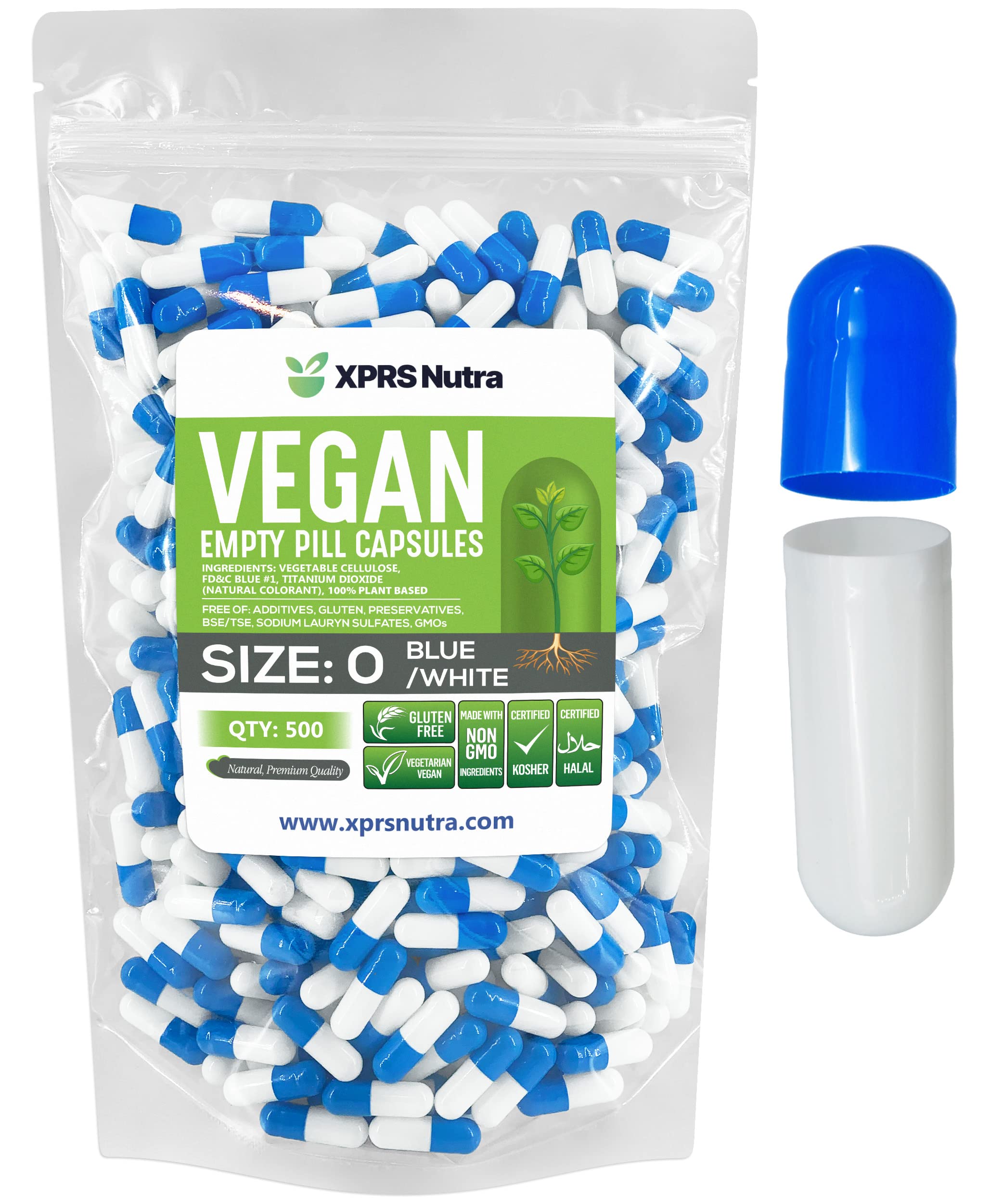XPRS Nutra Size 0 Empty Capsules - 500 Count Empty Vegan Capsules - Vegetarian Empty Pill Capsules - DIY Vegetable Capsule Filling - Veggie Pill Capsules Empty Caps (Blue/White)