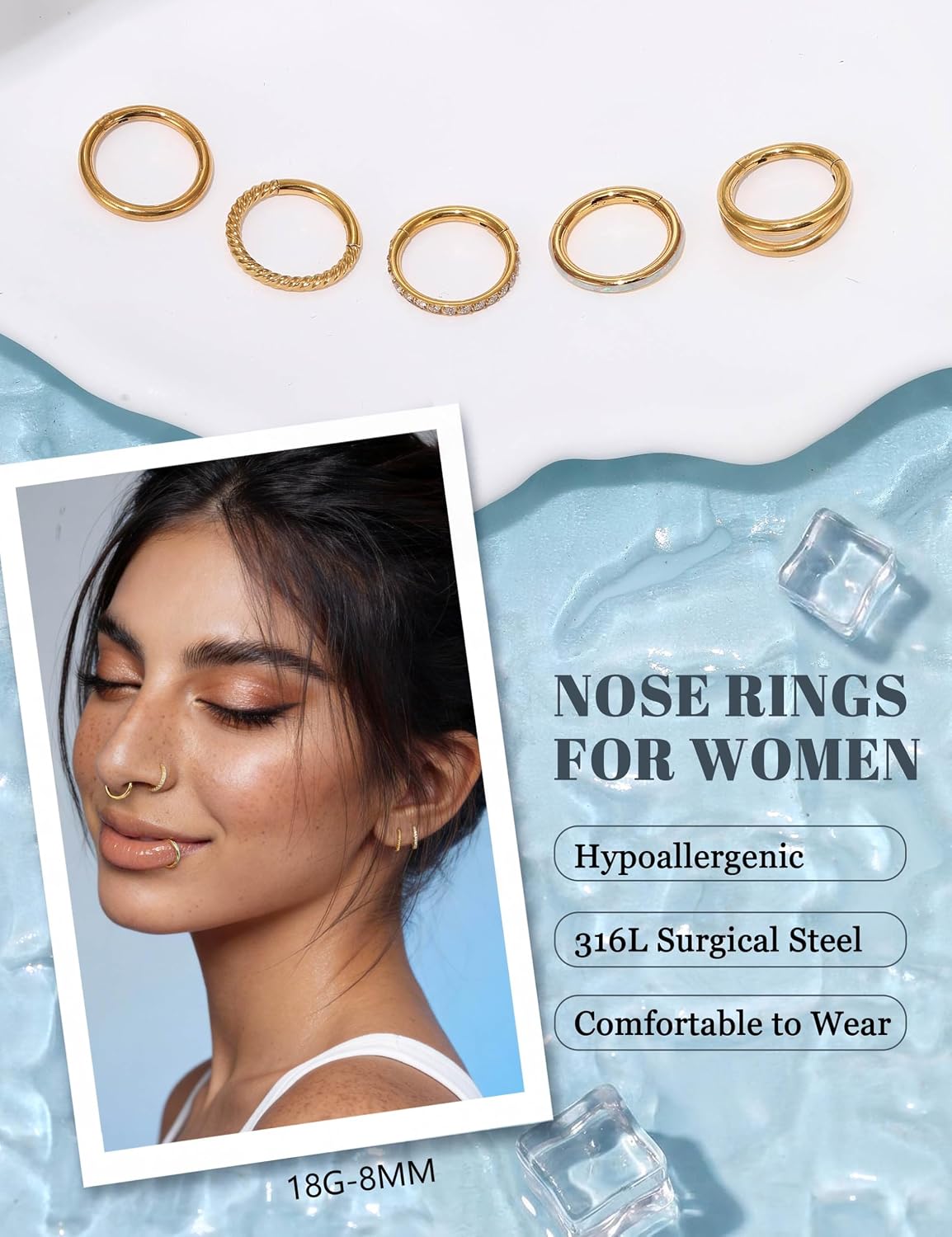 Jstyle 5Pcs 18G 16G Surgical Steel Nose Rings Hoop for Women Opal CZ Clicker Hinged Septum Nose Ring Lip Helix Cartilage Hoop Earring Daith Rook Conch Piercing Jewelry for Women 8mm 10mm