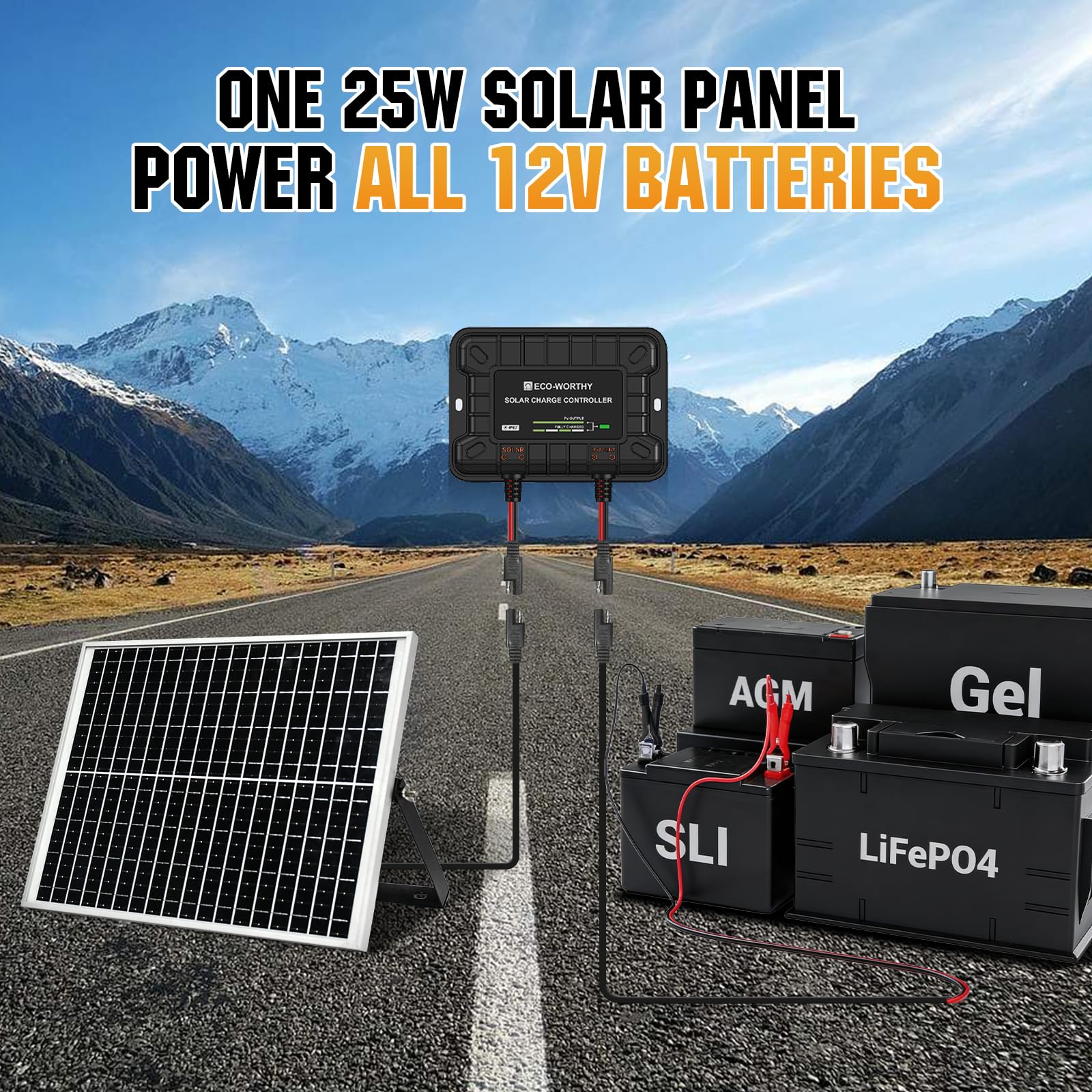 ECO-WORTHY Kit de panel solar de 25 W y 12 V, cargador de batería, panel solar impermeable + soporte de montaje ajustable + controlador de carga mejorado para baterías de 12 V para coches, RV, barco