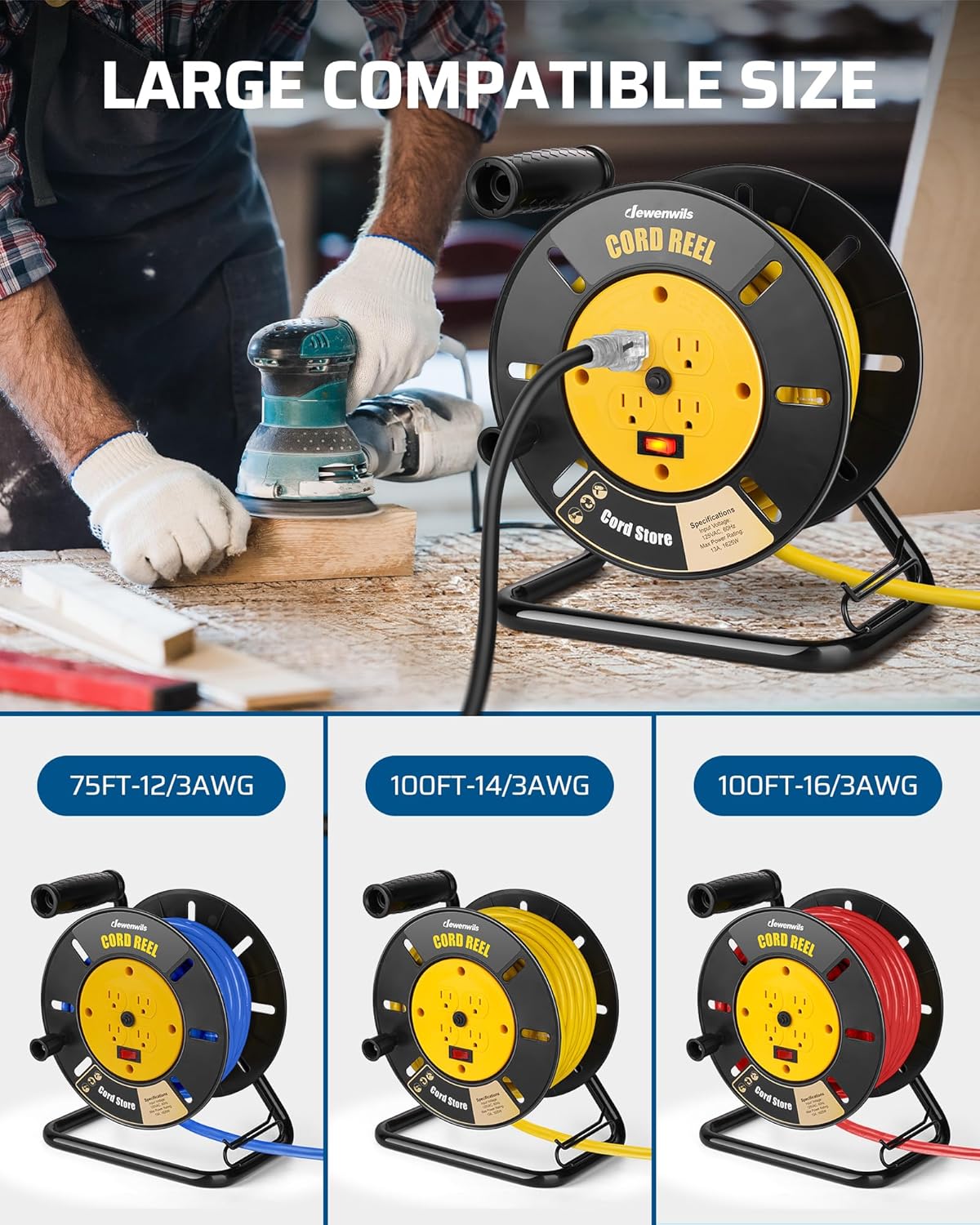 DEWENWILS Extension Cord Storage Reel with 4-Grounded Outlets, Heavy Duty Open Cord Reel for 12/3,14/3,16/3 Gauge Power Cord, Hand Wind Retractable, 13A Circuit Breaker, Yellow, ETL Listed