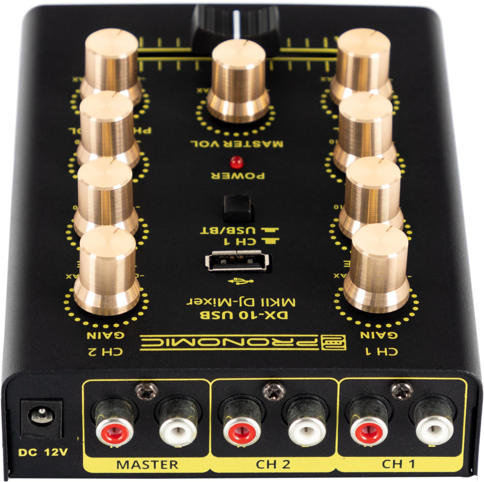 Pronomic DX-10 USB MKII DJ Mixer - mixeur DJ compact 2 canaux - deux entrées ligne - égaliseur 2 bandes - Bluetooth et USB - entrée micro - sortie casque - noir
