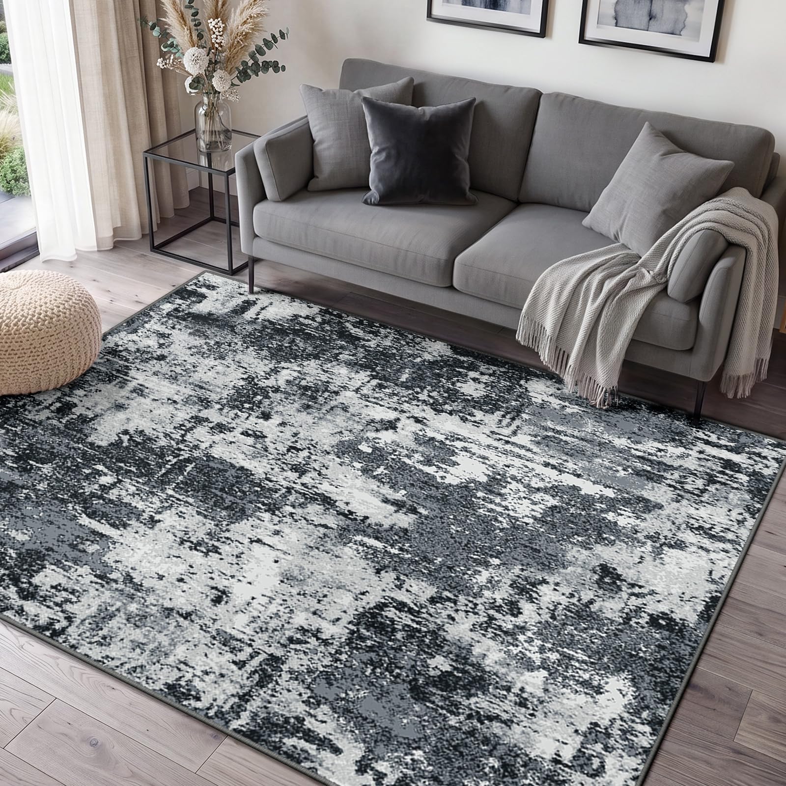 INOVADAY Abstrakt Waschbarer Teppich 120x180 cm Schwarz/Grau/Weiß/Blau