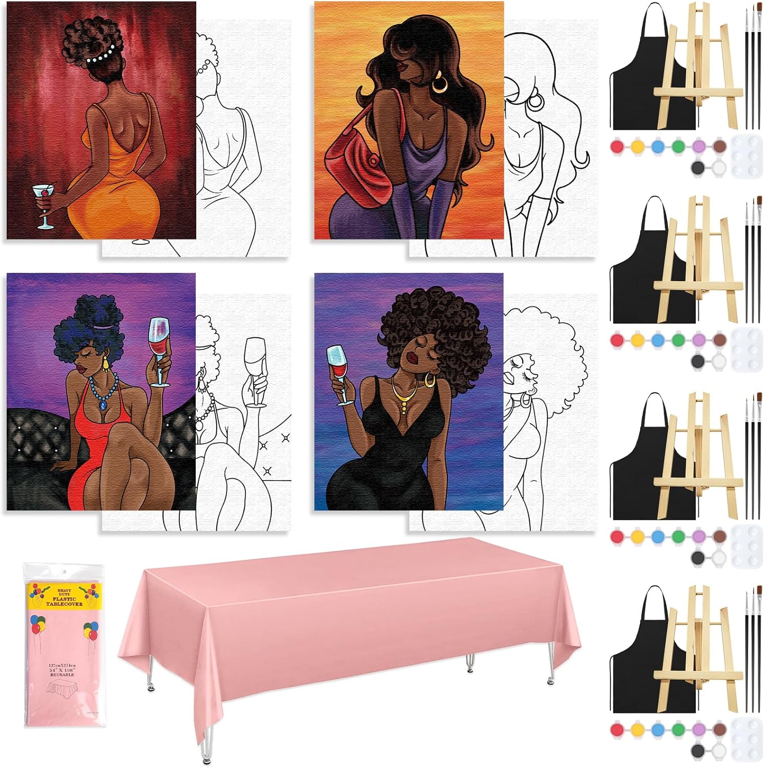 VOCHIC 4 Pack Sip and Paint Kit for Adults Pre Drawn Canvas for Painting Pre Printed Stretched Canvas DIY Art Party Set Date Night Girls Game (Pray Girl,8x10 Inches)