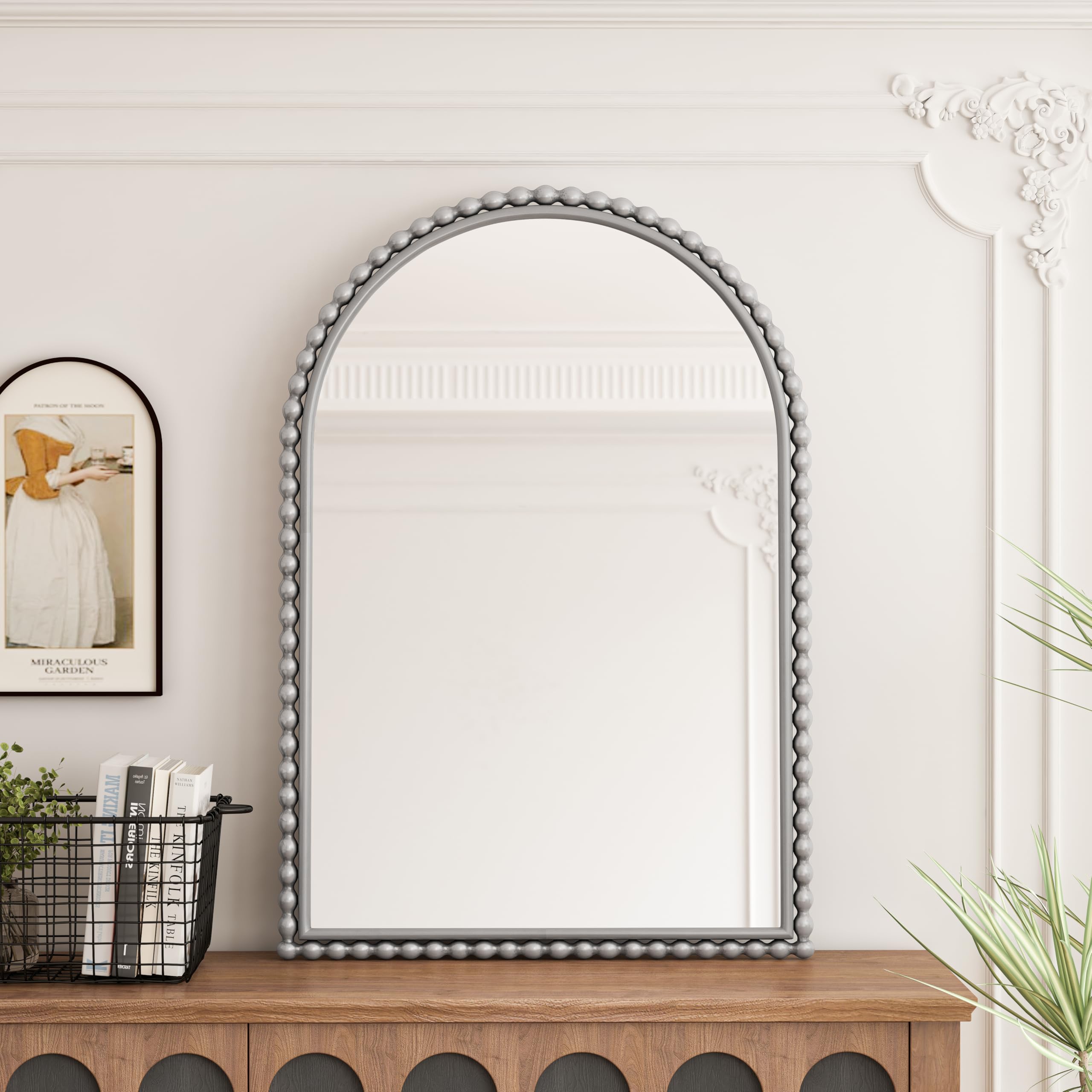 Arched Wall Mirror Vintage Iron Frame - Modern Decor with Beaded Edge for Entryway & Bedroom - Full Length Hanging Vanity Glass for Apartment & Studio Use