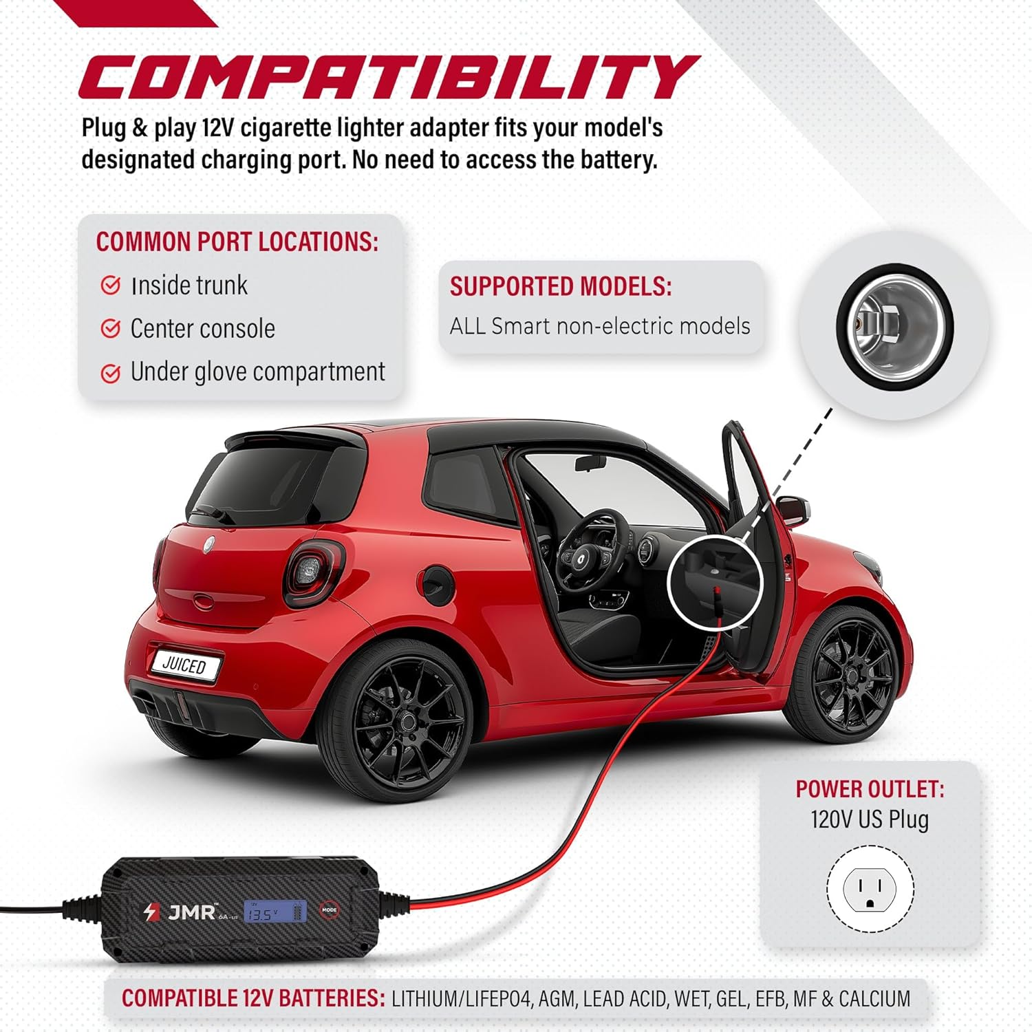 JMR Battery Charger for Smart Crossblade Fortwo City-Coupé Forfour Roadster All Models Trickle Charger Conditioner Maintainer (Add Lithium Mode)