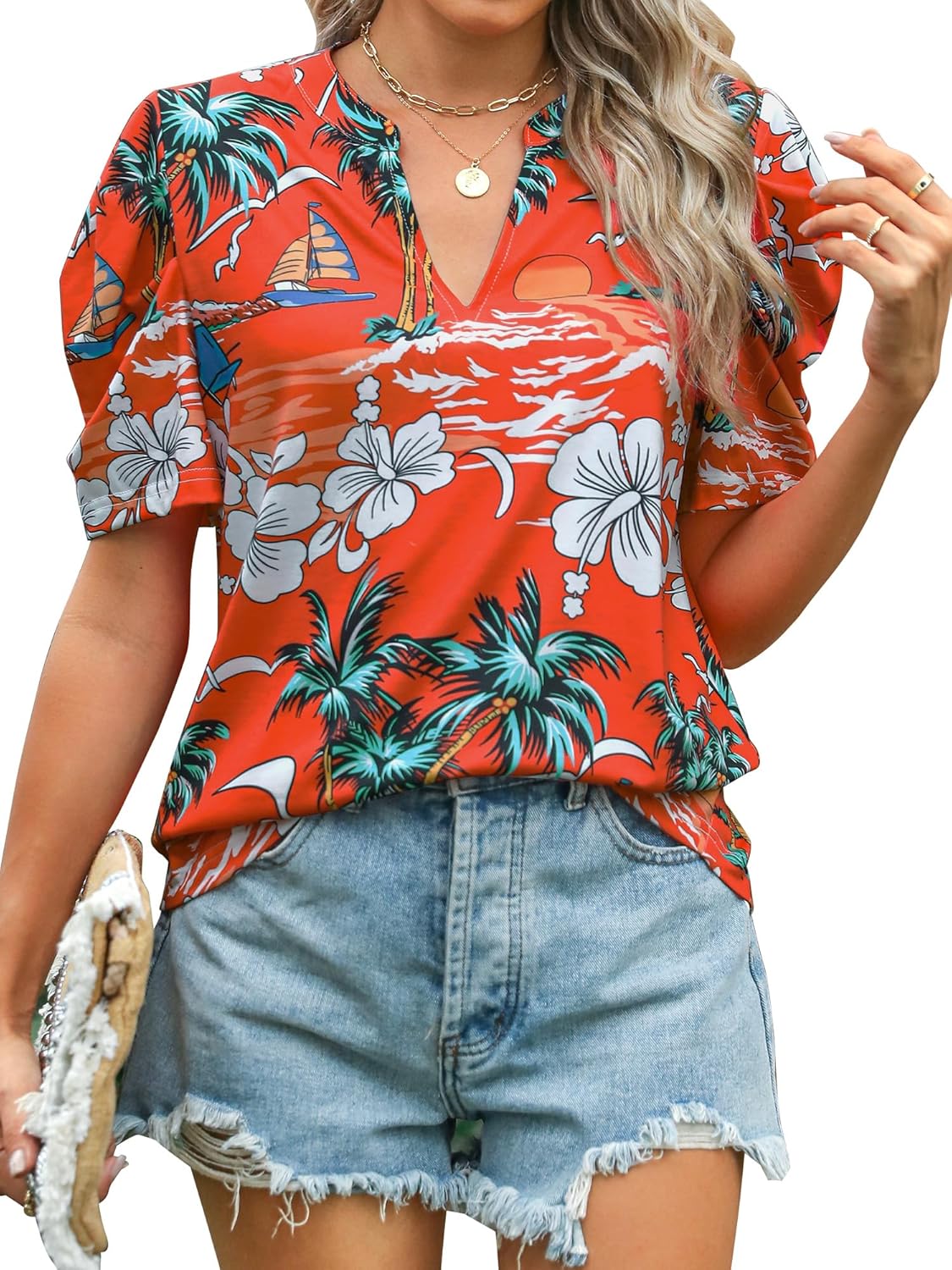 Ezcosplay Women Puff Sleeve Tops Floral Hawaiian Shirt Notched V Neck T-Shirt Casual Tropical Outfits - Image 3