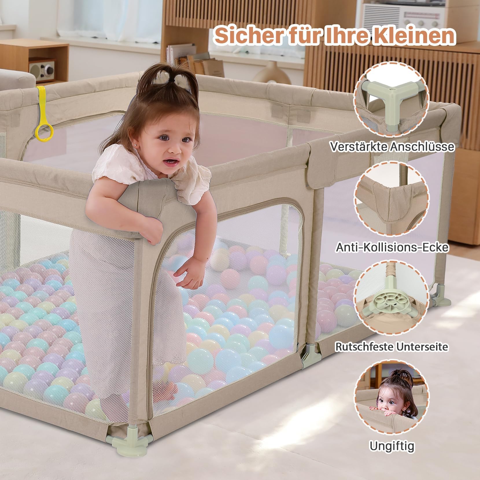 Dripex Laufgitter für Babys, Laufstall mit atmungsaktivem Netz, Spielgitter für Babys, 5 Laufgitterringe, 120 x 180 cm, Braun | 120 x 180 cm, atmungsaktives Oxford-Gewebe, 5 Ringe