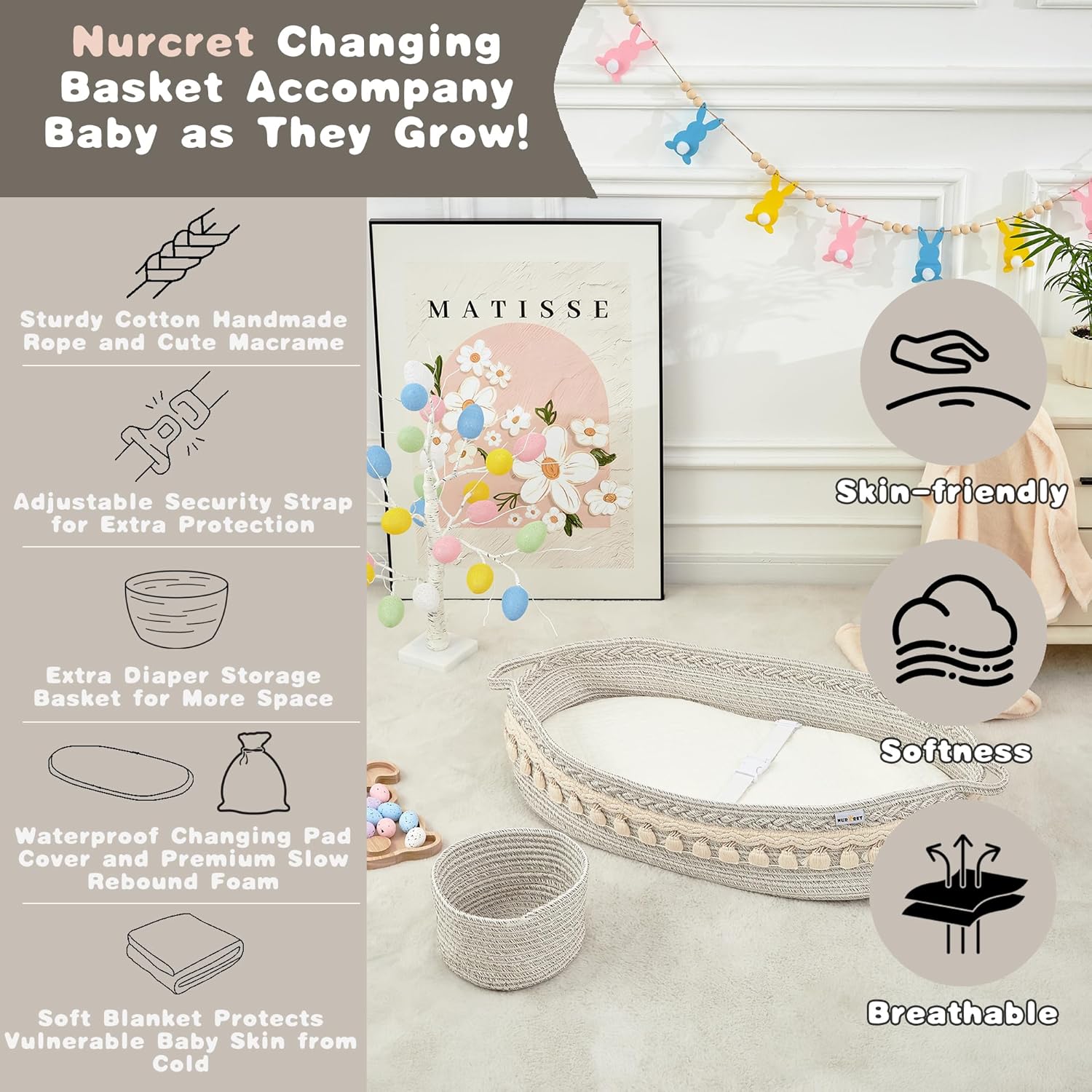 Baby Changing Basket, Foldable Portable Changing Pad, Moses Basket for Newborn, Changing Table Topper for Dresser, Cotton Rope Diaper Caddy for Travel&Nursery, Waterproof Foam Pad Cover, Off-White