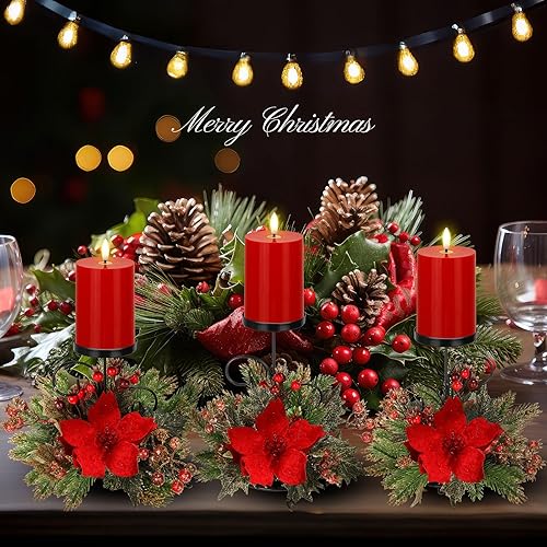 Miniatura 2 de Yunlly Juego de 3 candelabros de centro de mesa de Navidad con velas sin llama, candelabro adornado de flor de pascua para Navidad, fiesta familiar,
