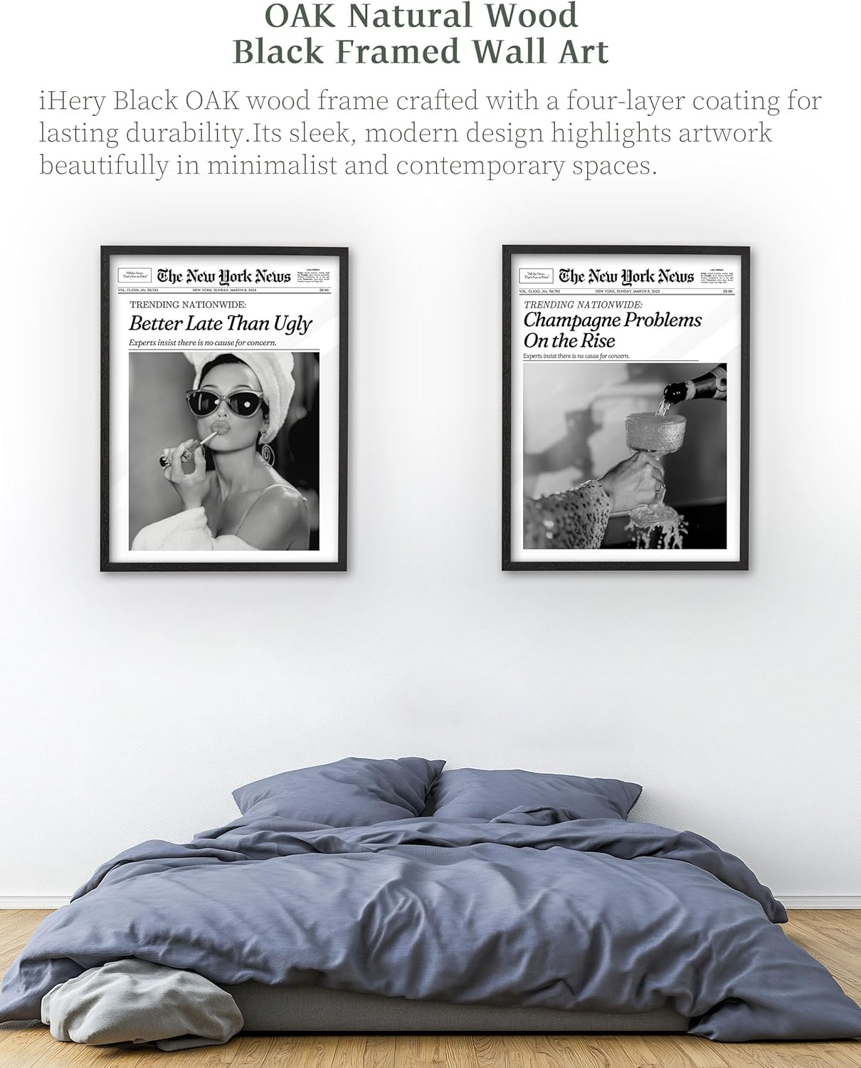 iHery Premium Natural Black OAK Wood 12x16in Audrey Hepburn Trendy Framed Wall Art, Vintage Funny Better Late Than Ugly Canvas Bathroom Wall Decor Essential,Girly Dorm Bedroom Living Artwork 1Pack